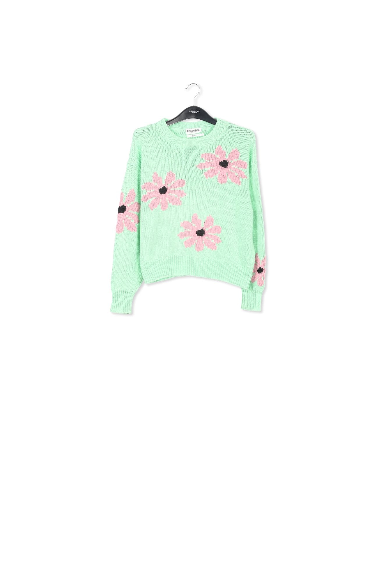 Pull intarsia vert menthe et rose à  fleurs RE—SSENTIEL | Essentiel second hand