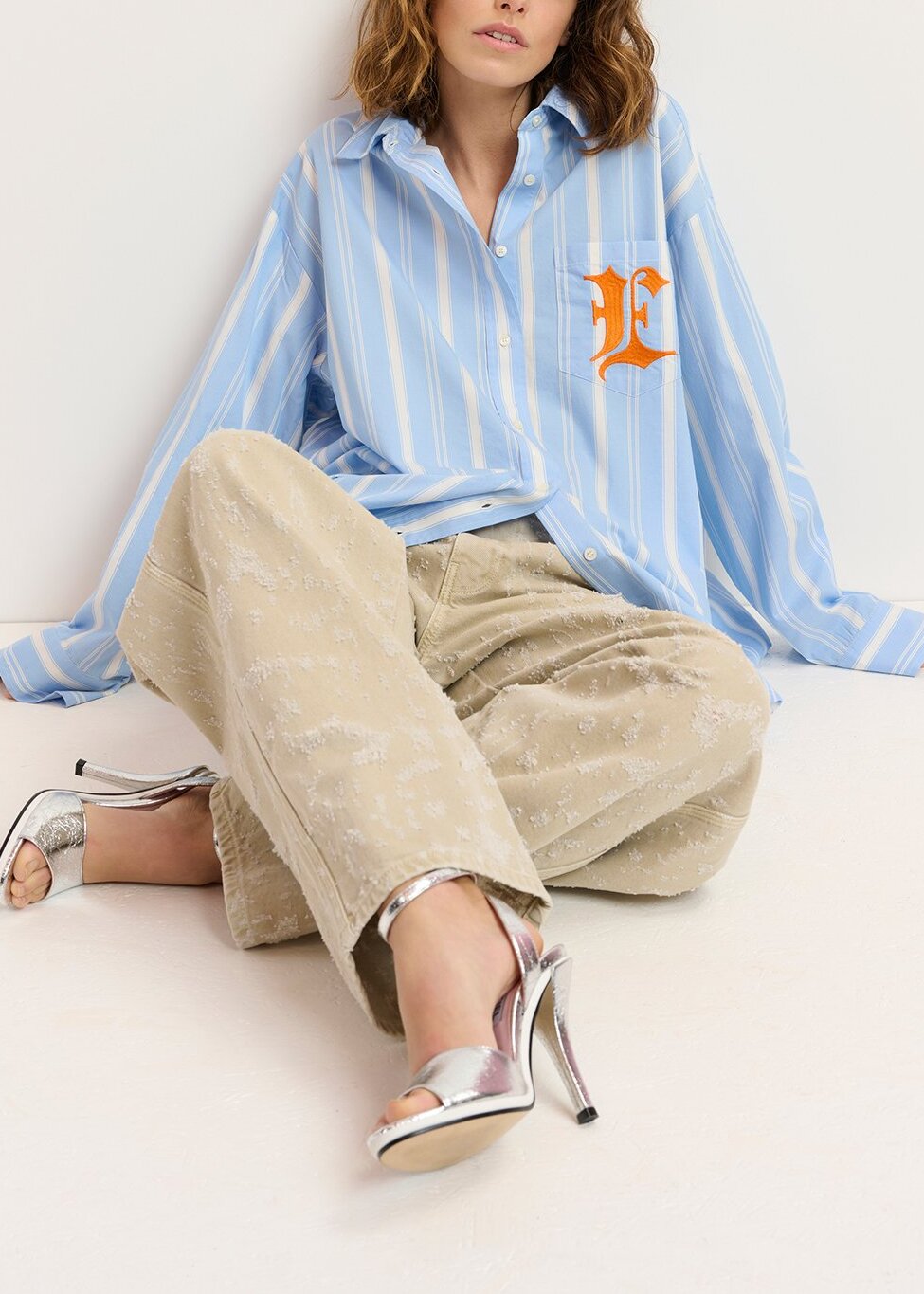 Blue, white and orange striped cotton shirt with 'E' embroidery RE—SSENTIEL | Essentiel second hand