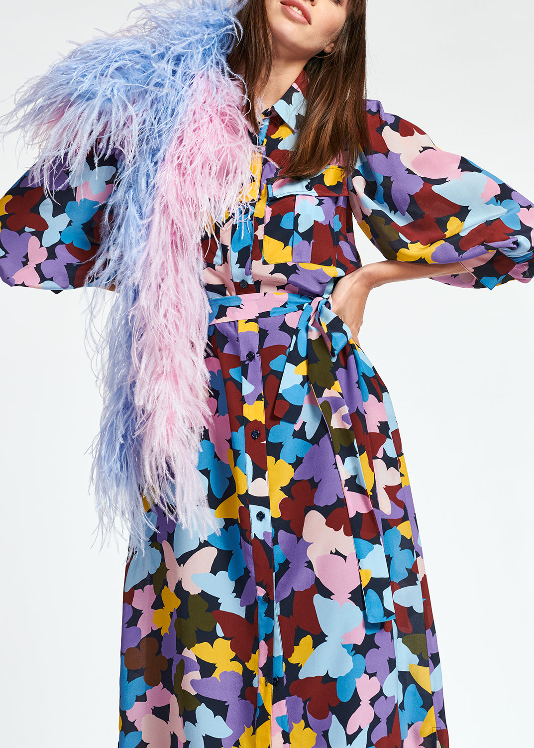 Silk burgundy, lilac and blue butterfly-print midi dress RE—SSENTIEL | Essentiel second hand