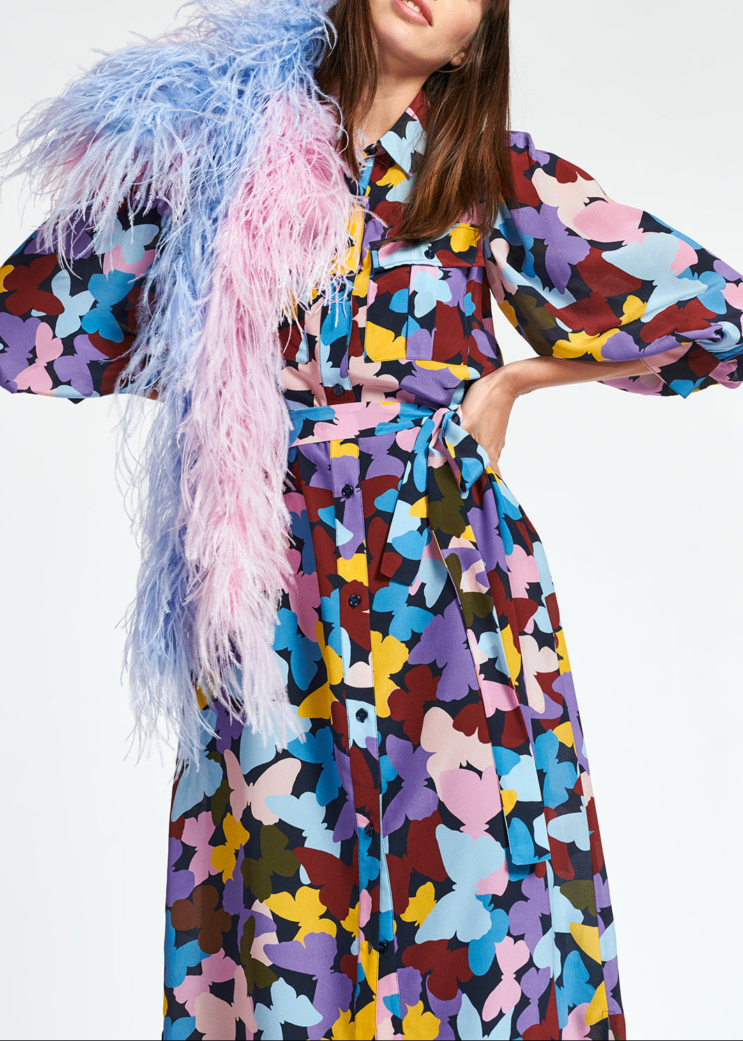 Robe midi en soie à  papillons bordeaux, lilas et bleu RE—SSENTIEL | Essentiel second hand