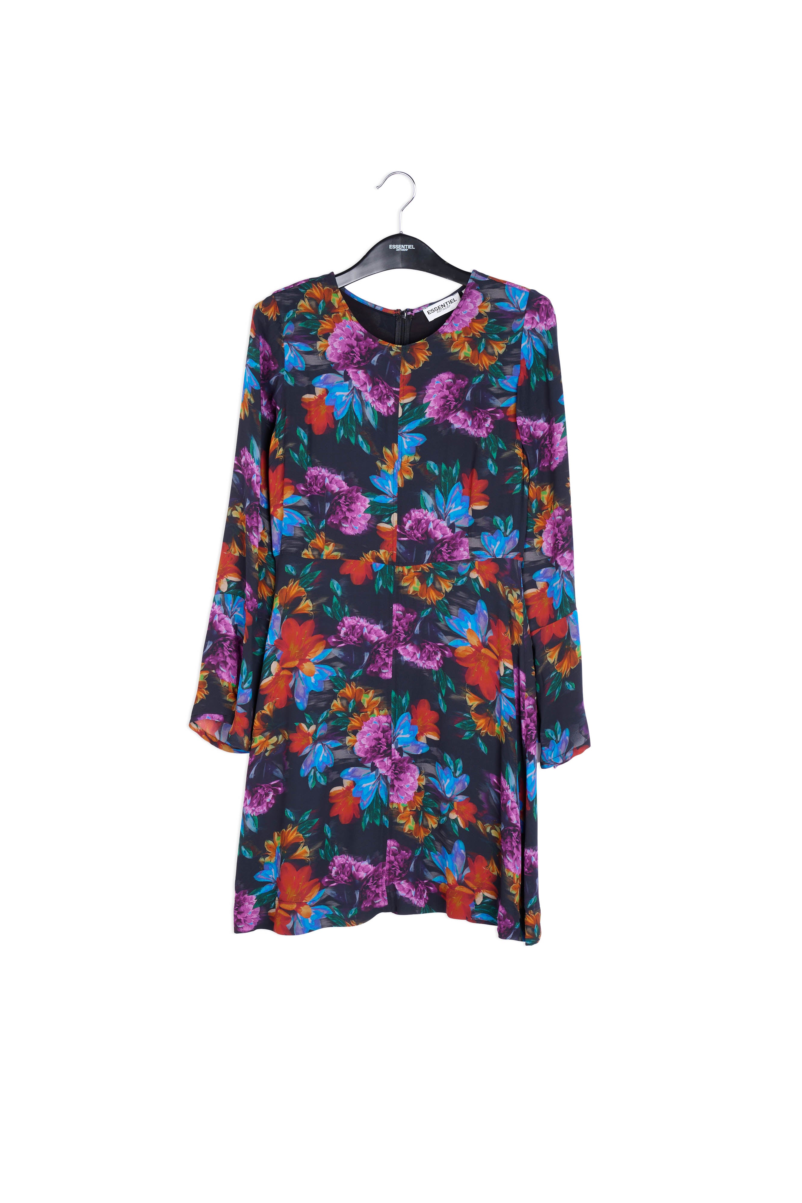 Mini-jurk met antracietgrijze, blauwe en oranje bloemenprint RE—SSENTIEL | Essentiel second hand