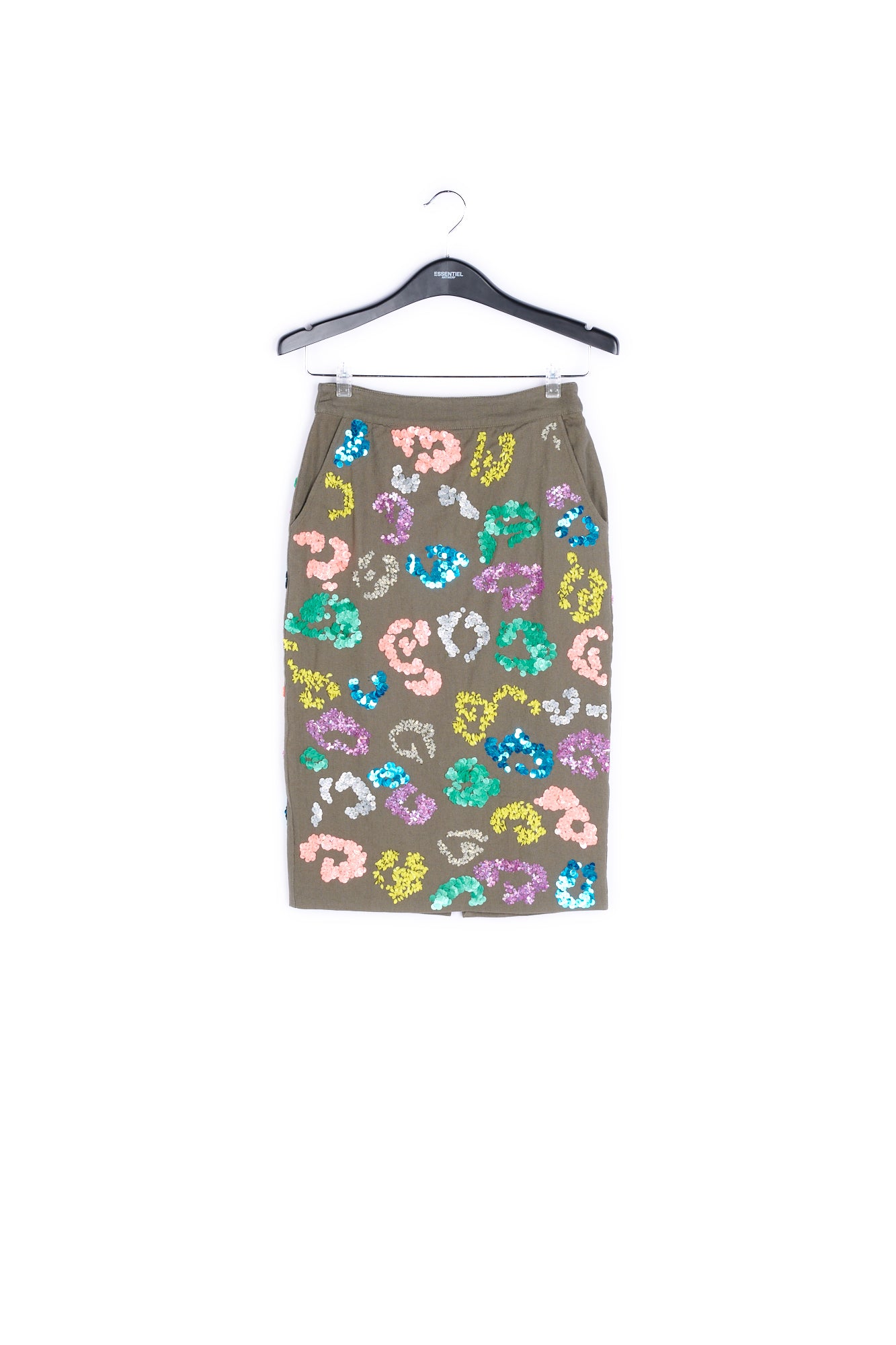 Army green sequined leopard print pencil skirt RE—SSENTIEL | Essentiel second hand