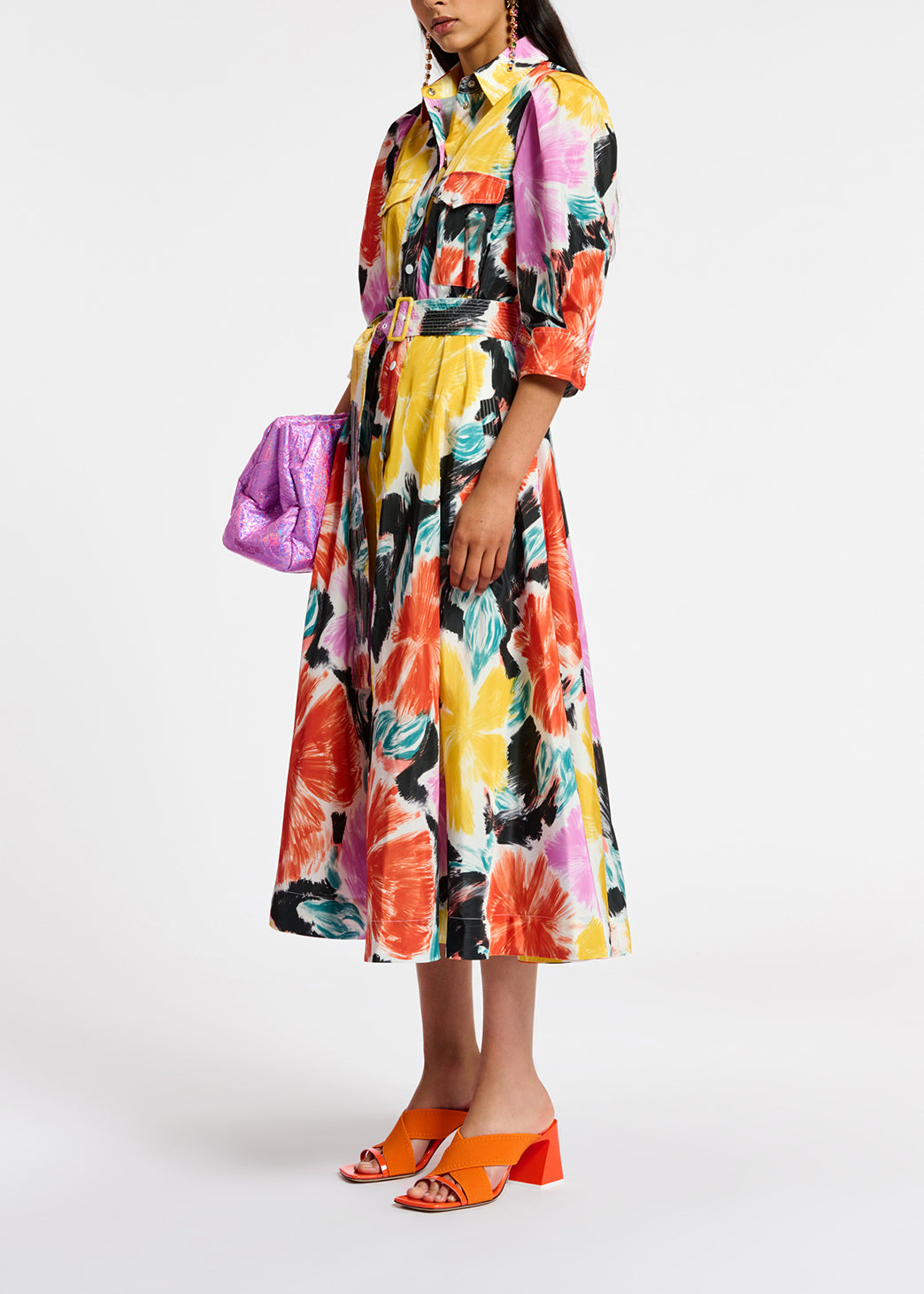 Robe chemise midi à  imprimé fleuri noir, orange et jaune RE—SSENTIEL | Essentiel second hand