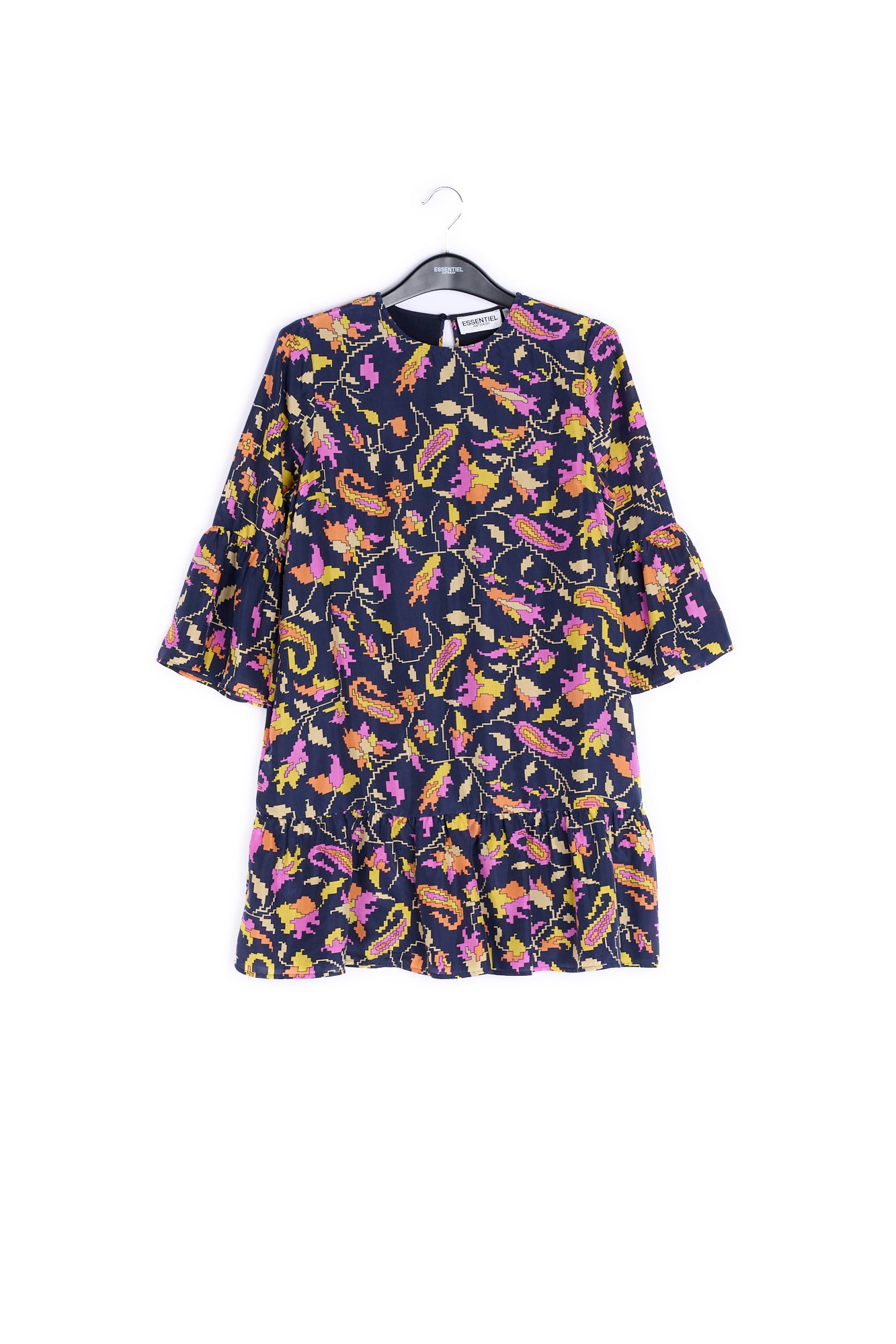 Bruine zijden gebloemde mini-jurk RE—SSENTIEL | Essentiel second hand