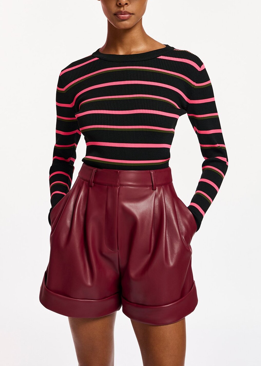 Black, neon pink and khaki striped knitted sweater RE—SSENTIEL | Essentiel second hand