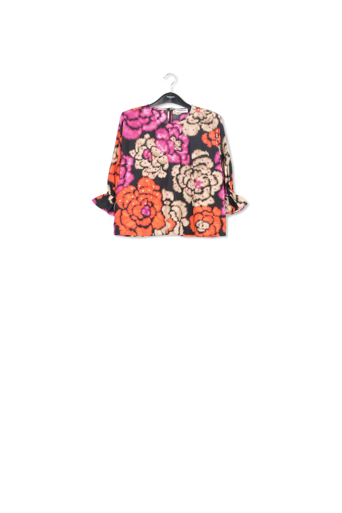 Black, orange and ecru top with puffed sleeves RE—SSENTIEL | Essentiel second hand