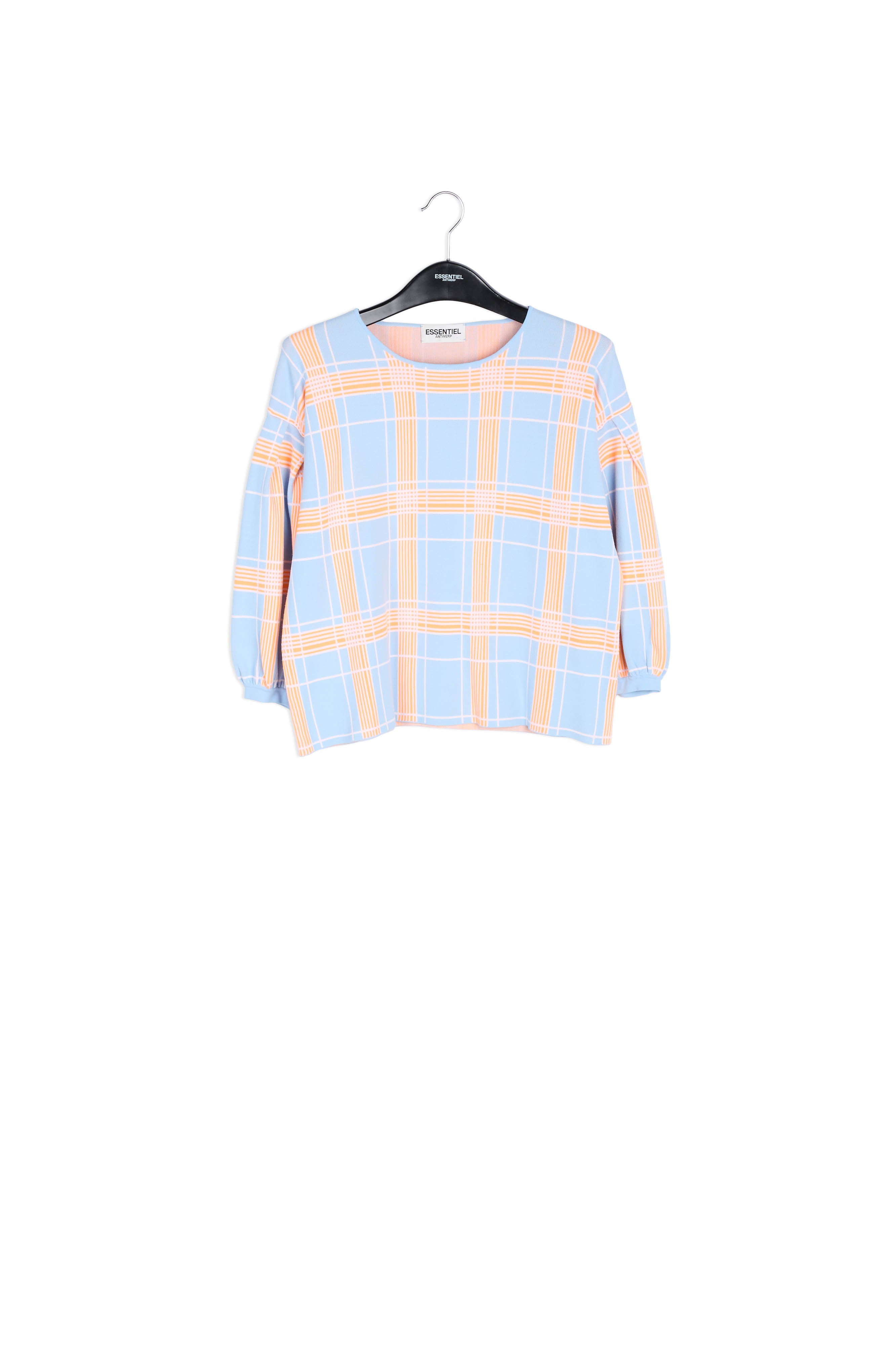 Light blue puffed sleeve knitted top with check motif RE—SSENTIEL | Essentiel second hand