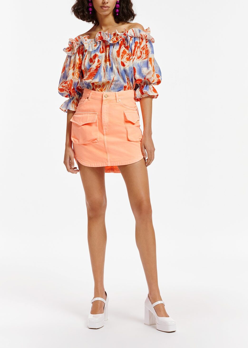 Light blue and orange floral print off-the-shoulder top RE—SSENTIEL | Essentiel second hand