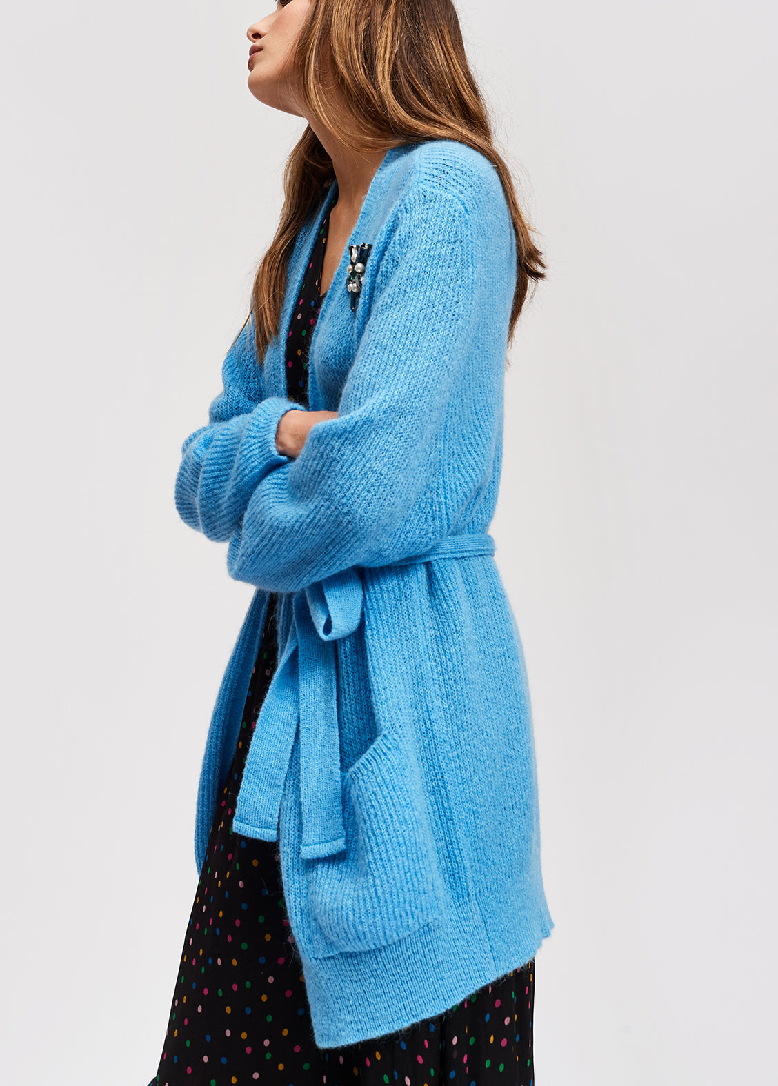 Light blue mohair blend cardigan with belt RE—SSENTIEL | Essentiel second hand