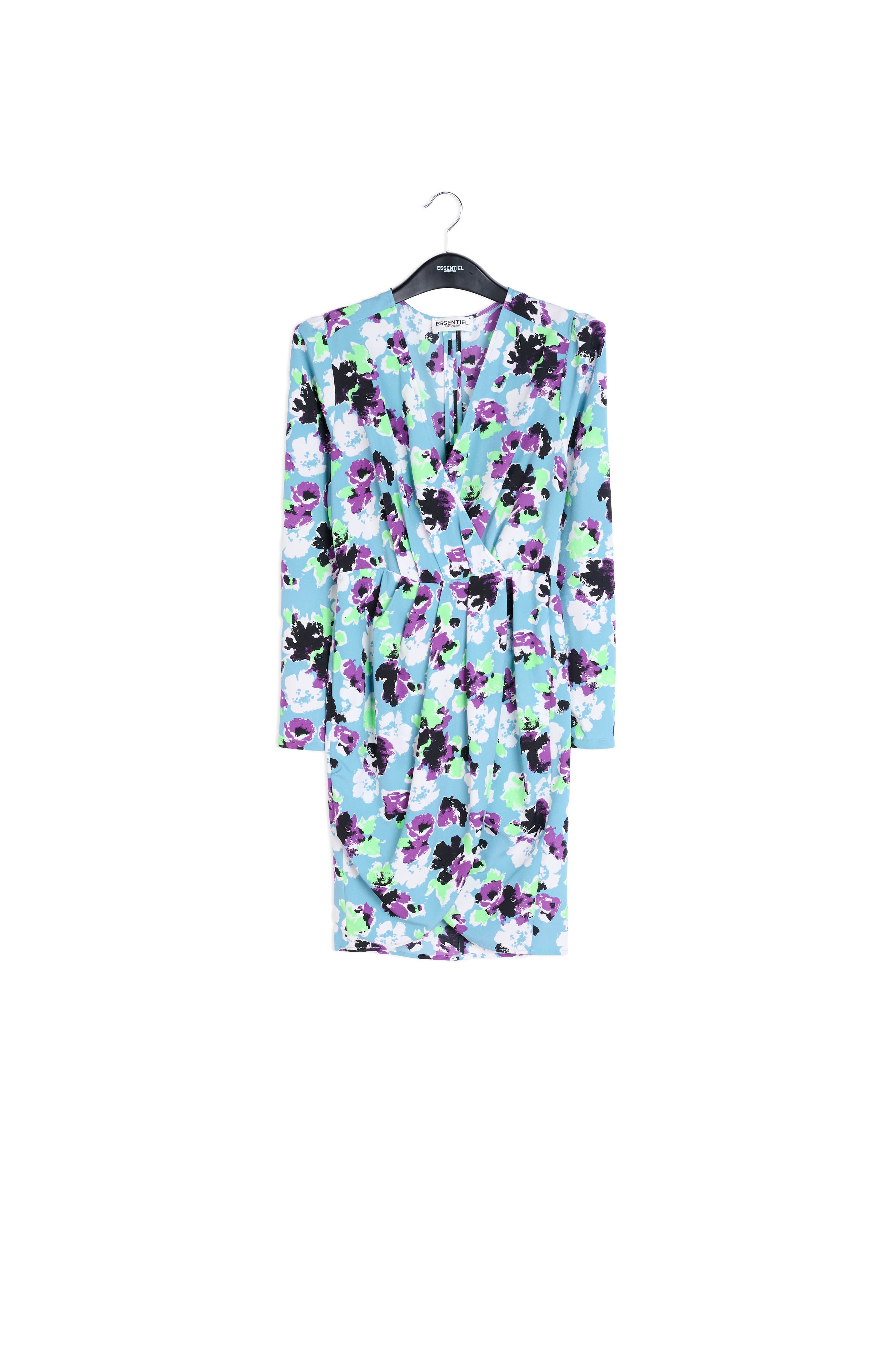 Lichtblauwe mini-wikkeljurk met bloemenprint RE—SSENTIEL | Essentiel second hand