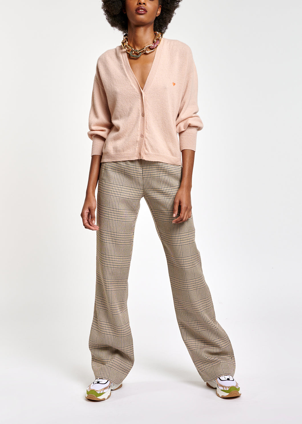 Beige geruite broek met wijde pijpen RE—SSENTIEL | Essentiel second hand