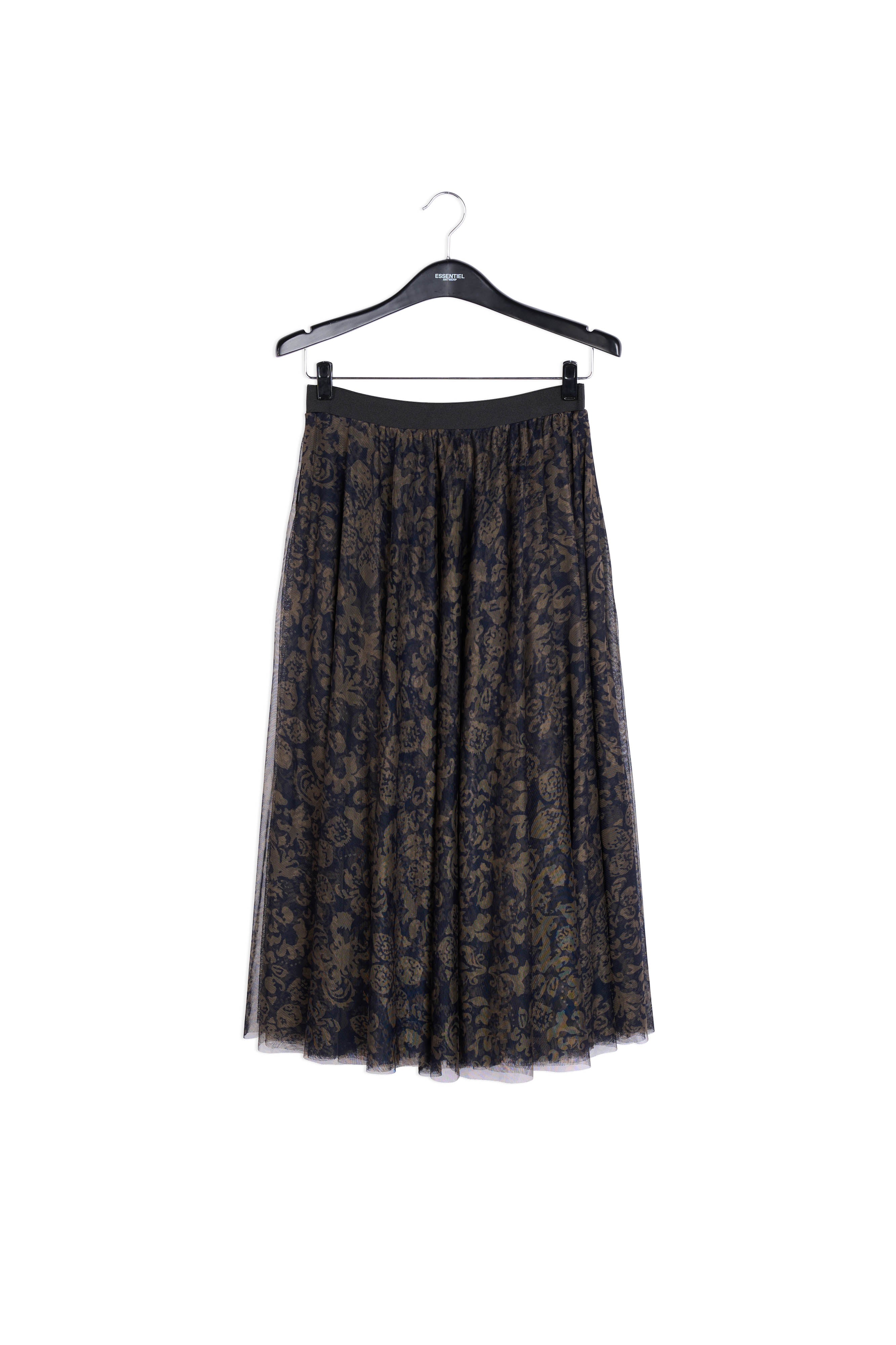 Black and khaki green brocade-print tulle midi skirt RE—SSENTIEL | Essentiel second hand