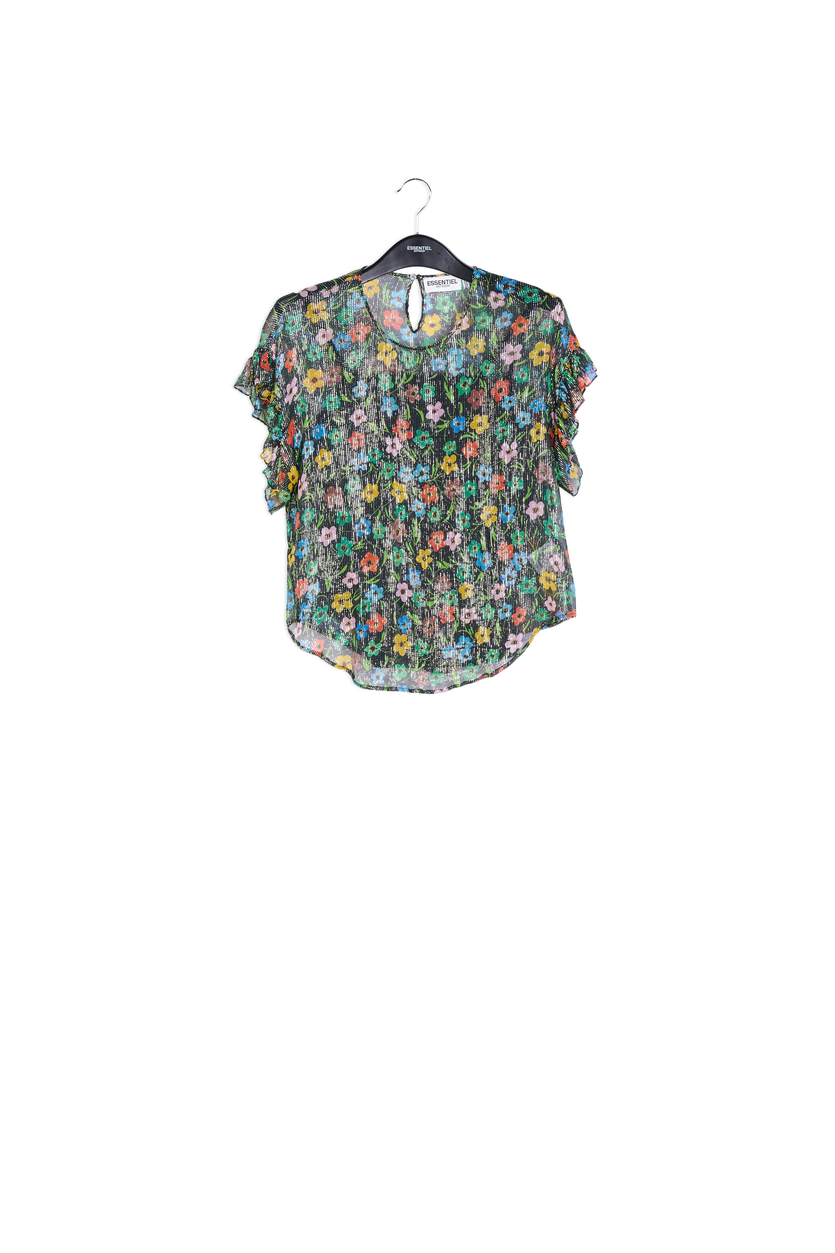 Black floral print top with ruffled sleeves RE—SSENTIEL | Essentiel second hand