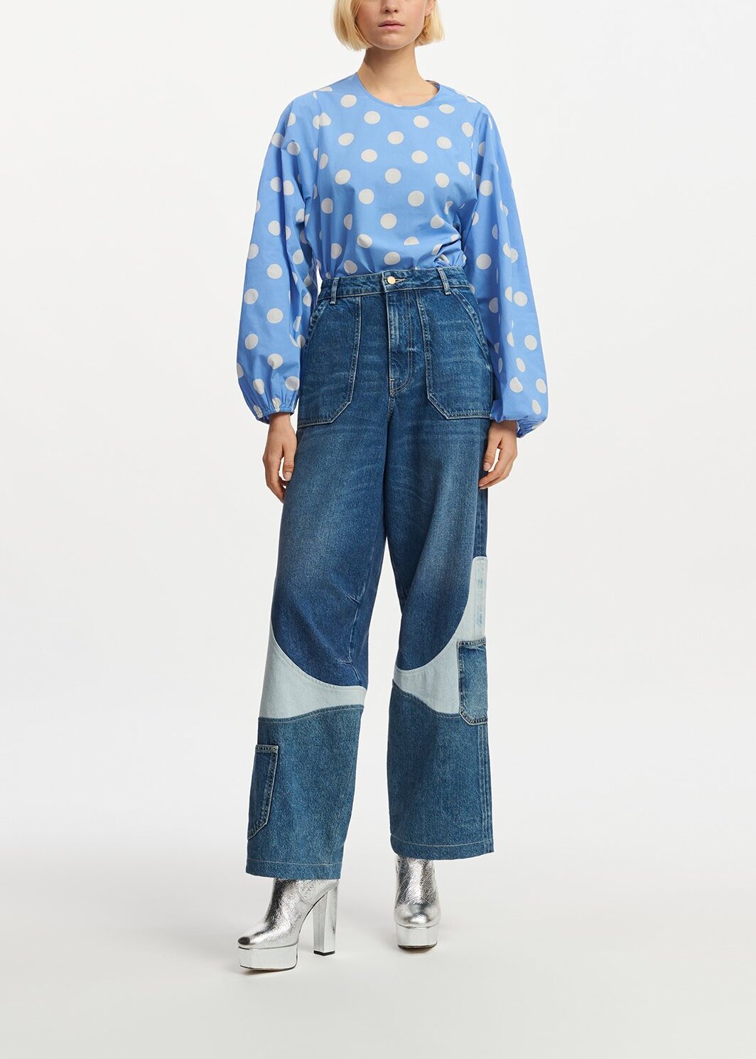 Blue and white polka-dot top with puffed sleeves RE—SSENTIEL | Essentiel second hand