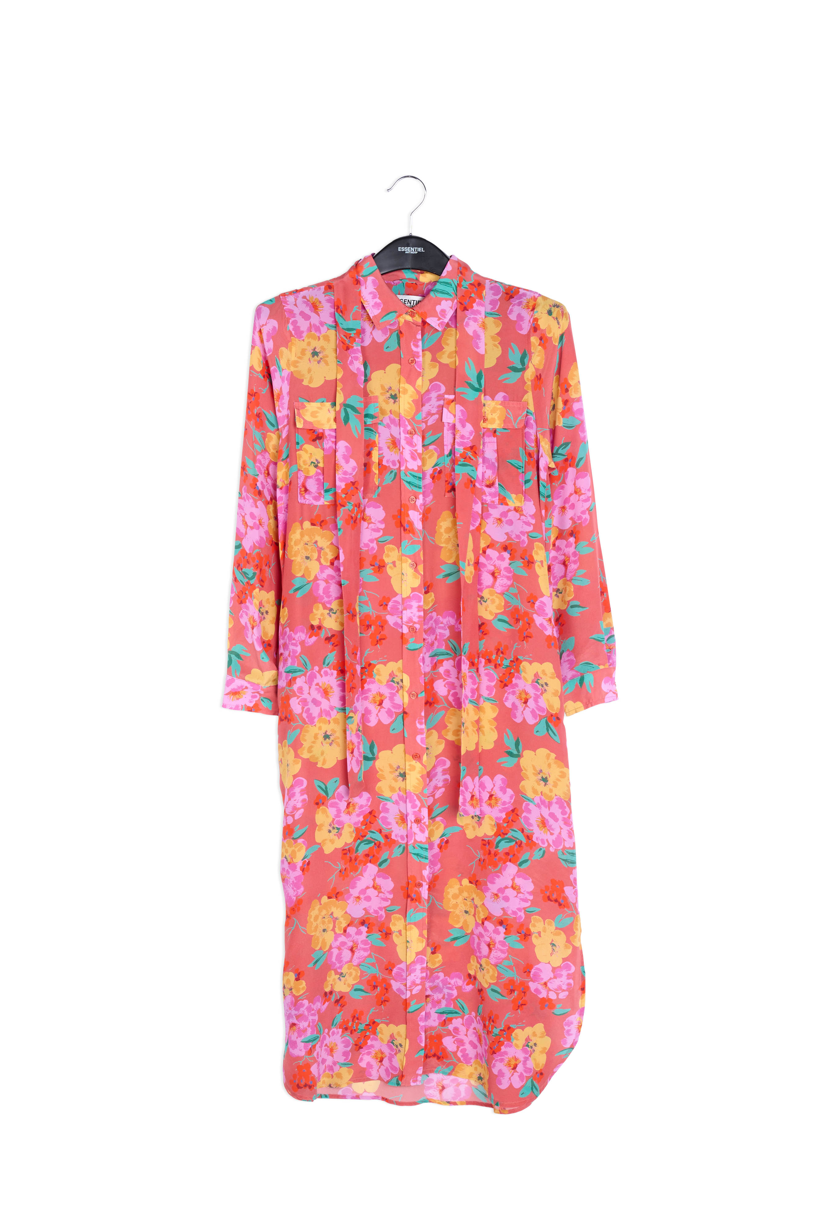 Koraalrode zijden hemdjurk met bloemenprint RE—SSENTIEL | Essentiel second hand