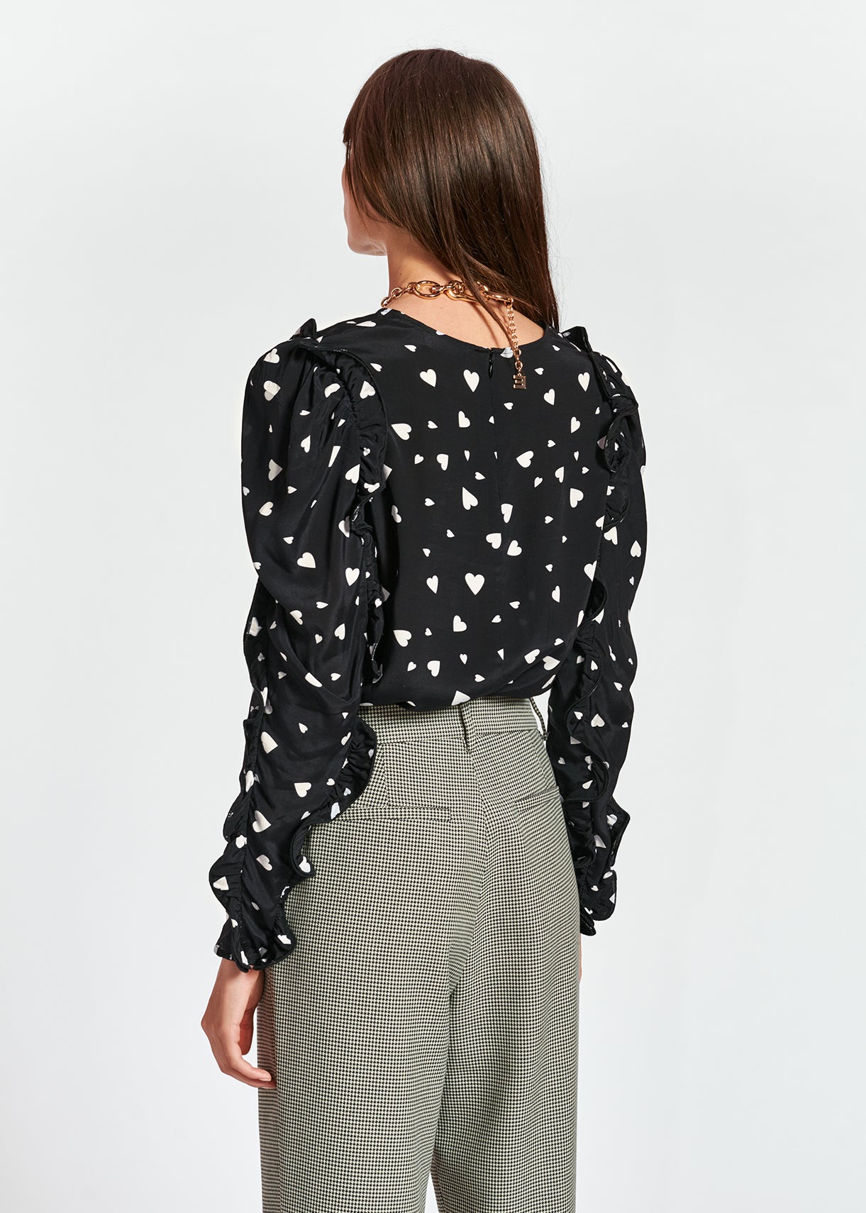 Zwarte top met hartjesprint en ruches RE—SSENTIEL | Essentiel second hand