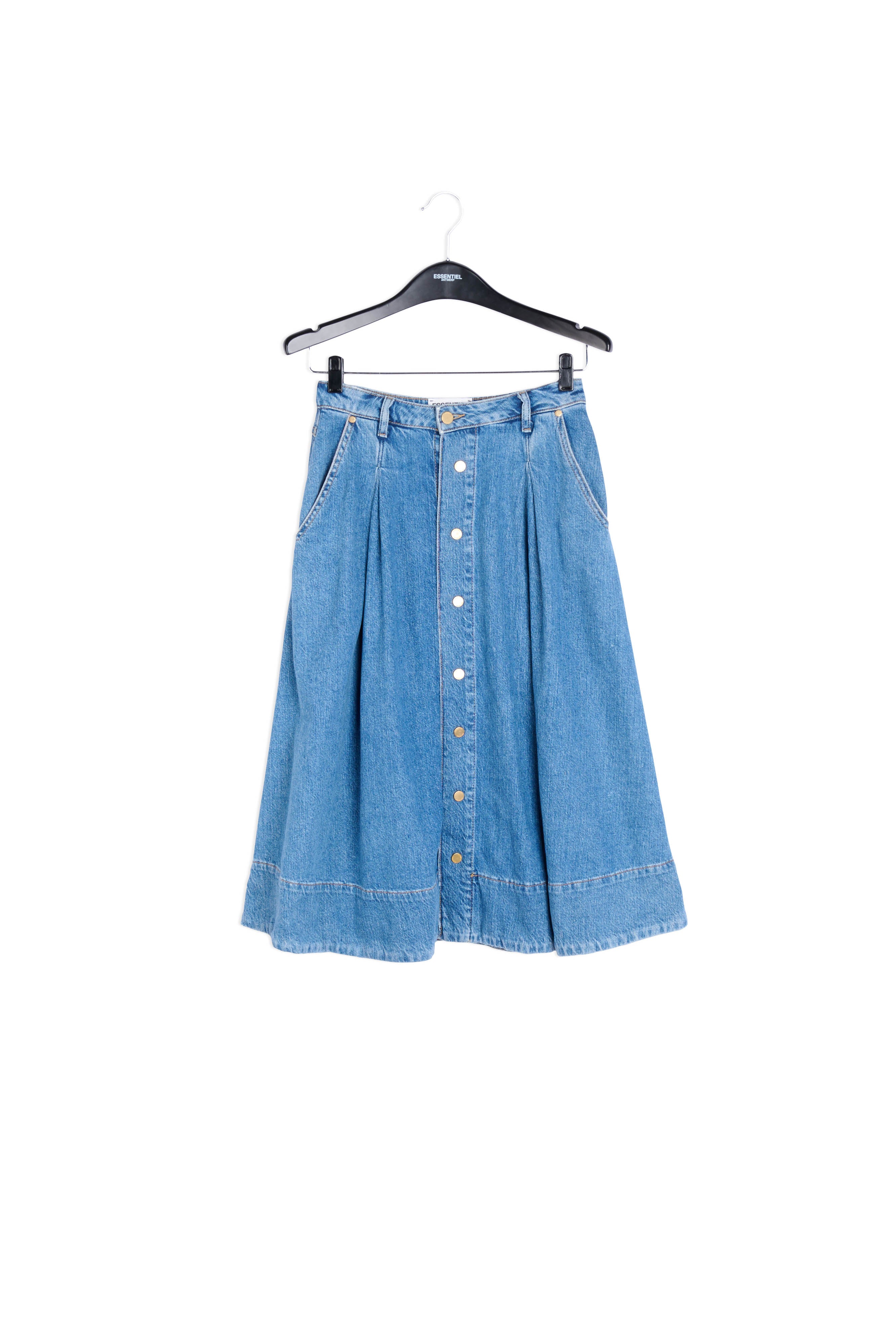 Dark blue denim pleated midi skirt RE—SSENTIEL | Essentiel second hand