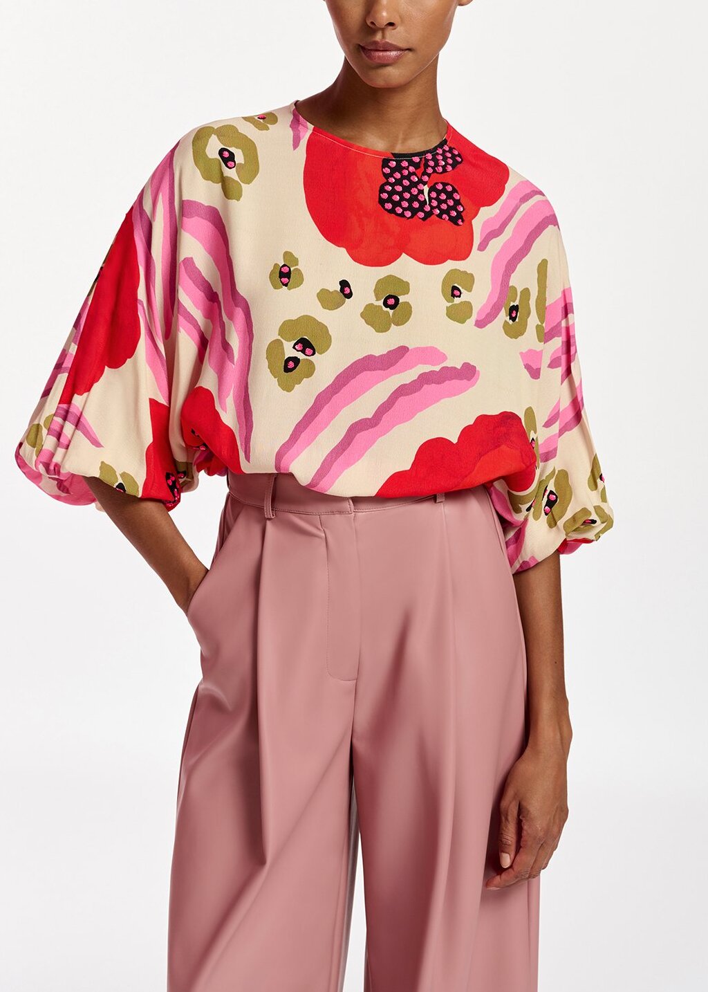 Ecru, red and pink batwing-sleeve top with abstract print RE—SSENTIEL | Essentiel second hand