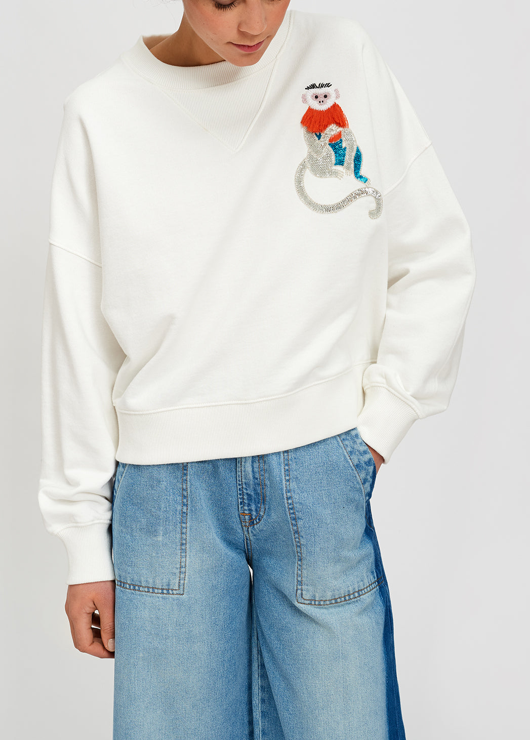 Embroidered off-white cotton-jersey sweatshirt RE—SSENTIEL | Essentiel second hand