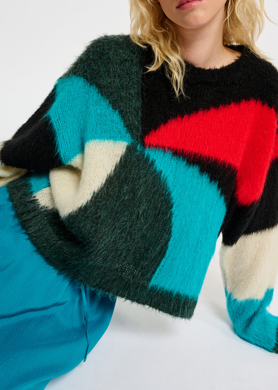 Dark green, blue and red intarsia-knitted sweater RE—SSENTIEL | Essentiel second hand