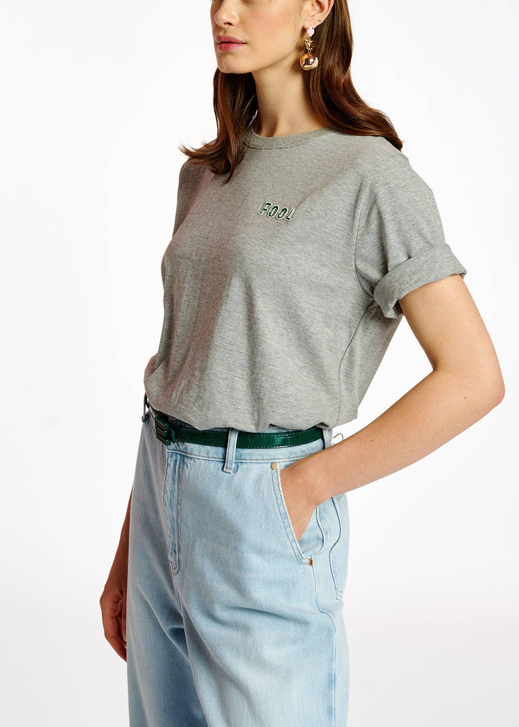 Grey cotton T-shirt with bead embroidery detail RE—SSENTIEL | Essentiel second hand
