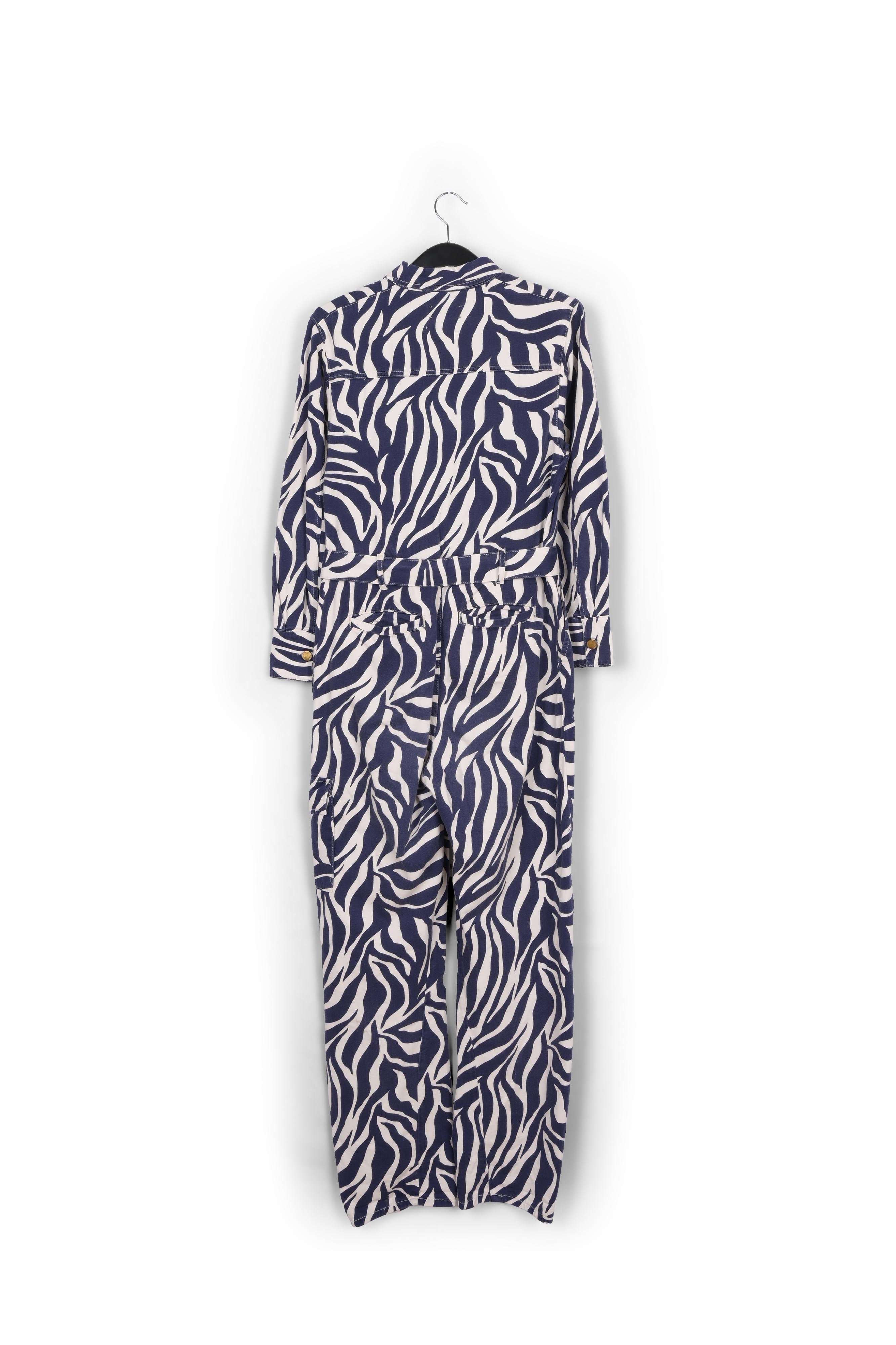 Off-white and navy blue zebra-print denim jumpsuit RE—SSENTIEL | Essentiel second hand
