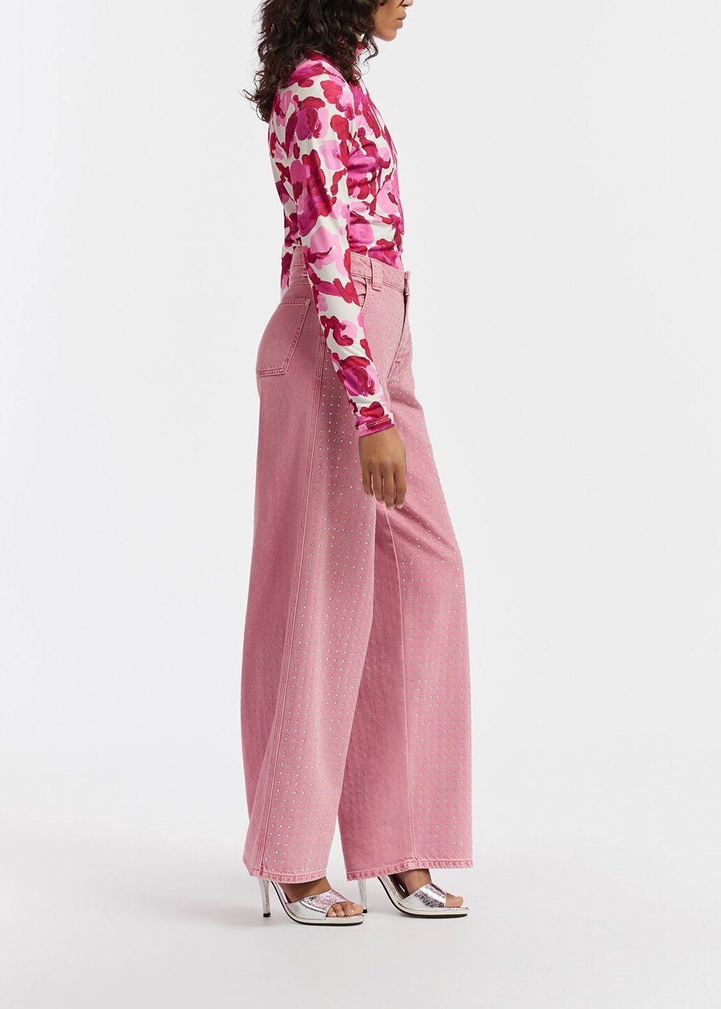 Pink rhinestone-embellished wide-leg jeans RE—SSENTIEL | Essentiel second hand