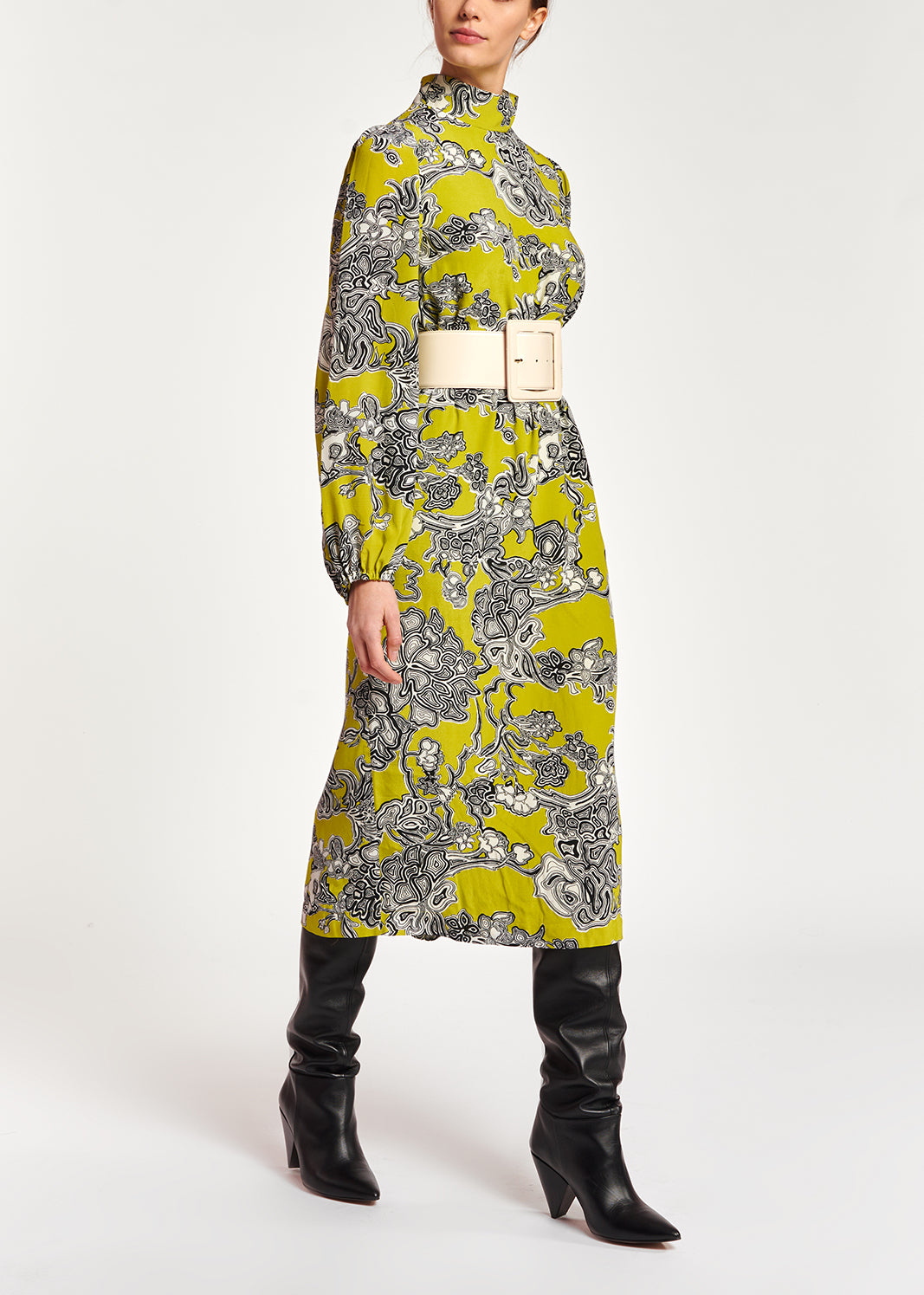 Limoengroene midi-jurk met bloemenprint RE—SSENTIEL | Essentiel second hand