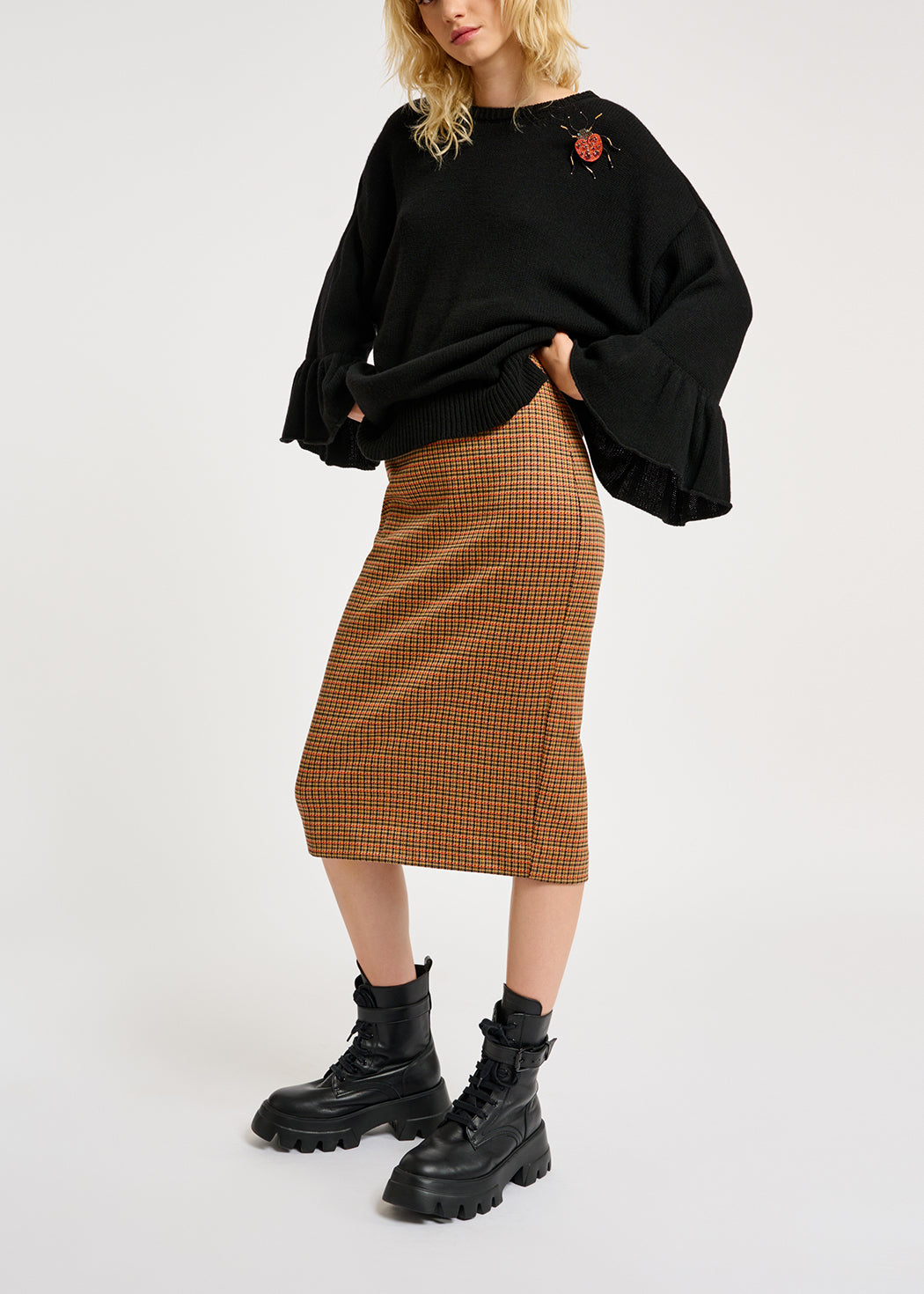 Kokerrok met gebroken wit en oranje pied-de-poule RE—SSENTIEL | Essentiel second hand