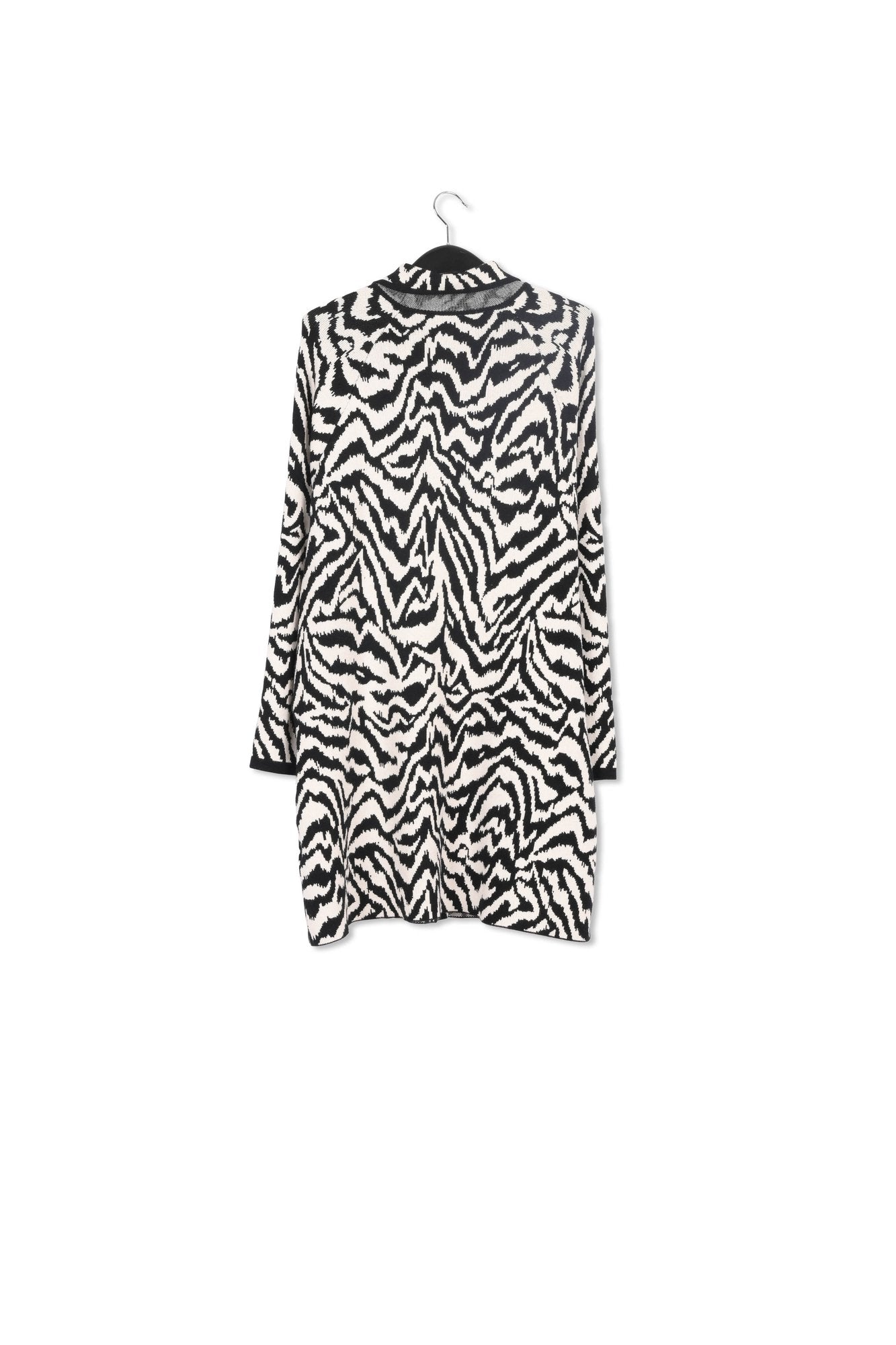 Long black and off-white jacquard coat with zebra motif RE—SSENTIEL | Essentiel second hand