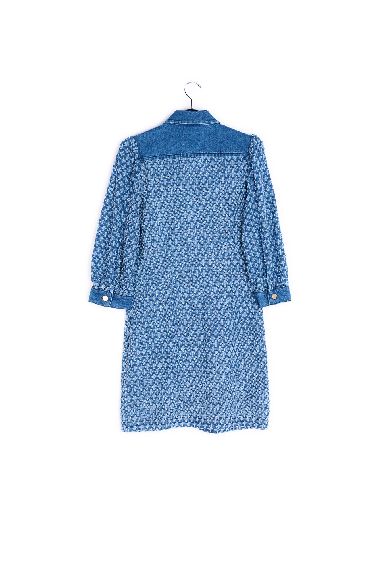 Dark blue perforated denim puffed sleeves mini dress RE—SSENTIEL | Essentiel second hand