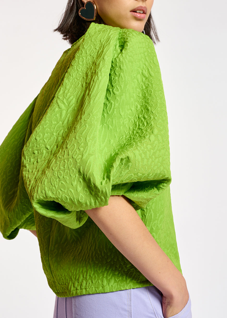 Top en jacquard vert à manches bouffantes RE—SSENTIEL | Essentiel second hand