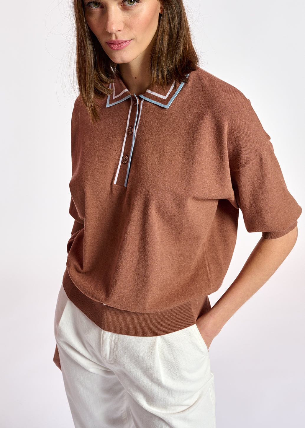 Brown knitted polo top RE—SSENTIEL | Essentiel second hand