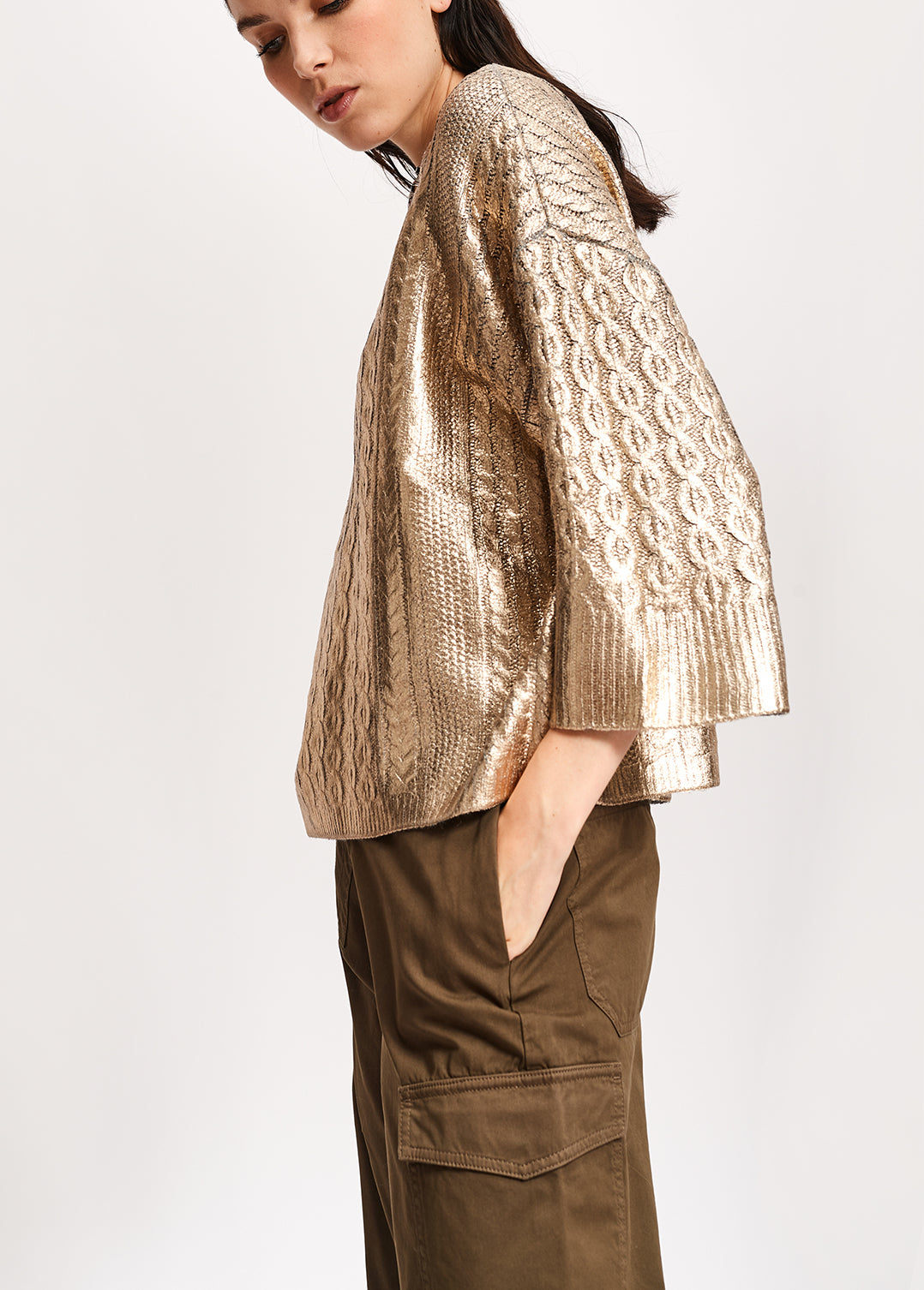 Gold metallic cable-knit sweater RE—SSENTIEL | Essentiel second hand