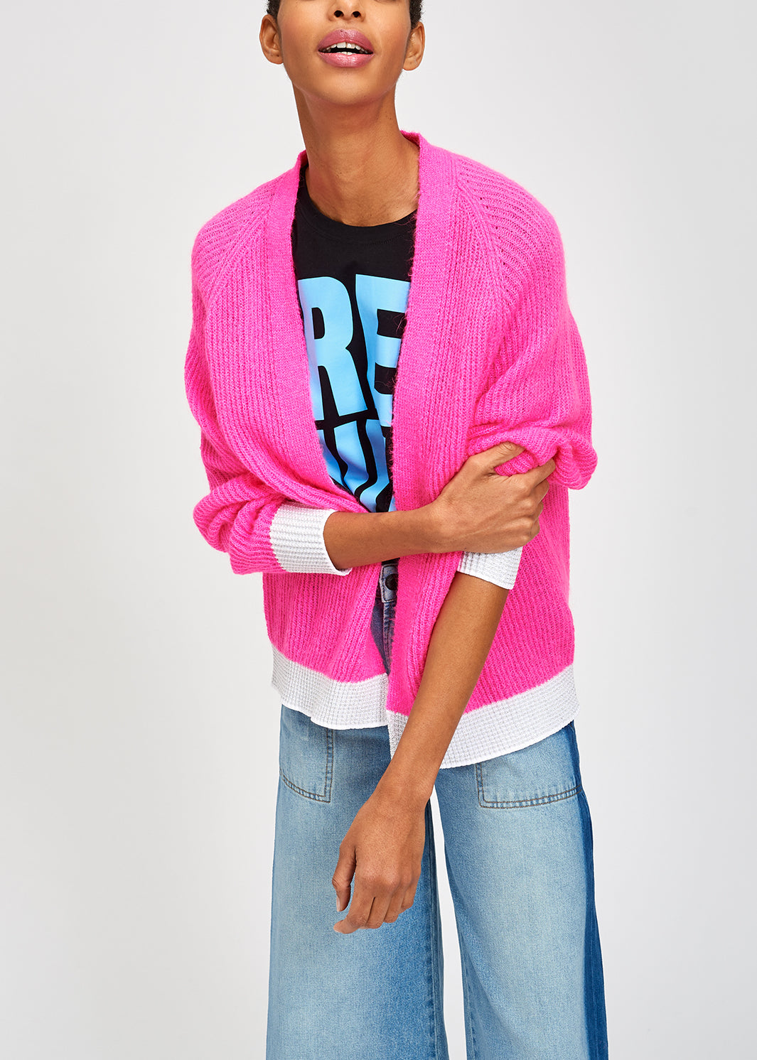 Fuchsia ribbed open cardigan with accentuated trims RE—SSENTIEL | Essentiel second hand