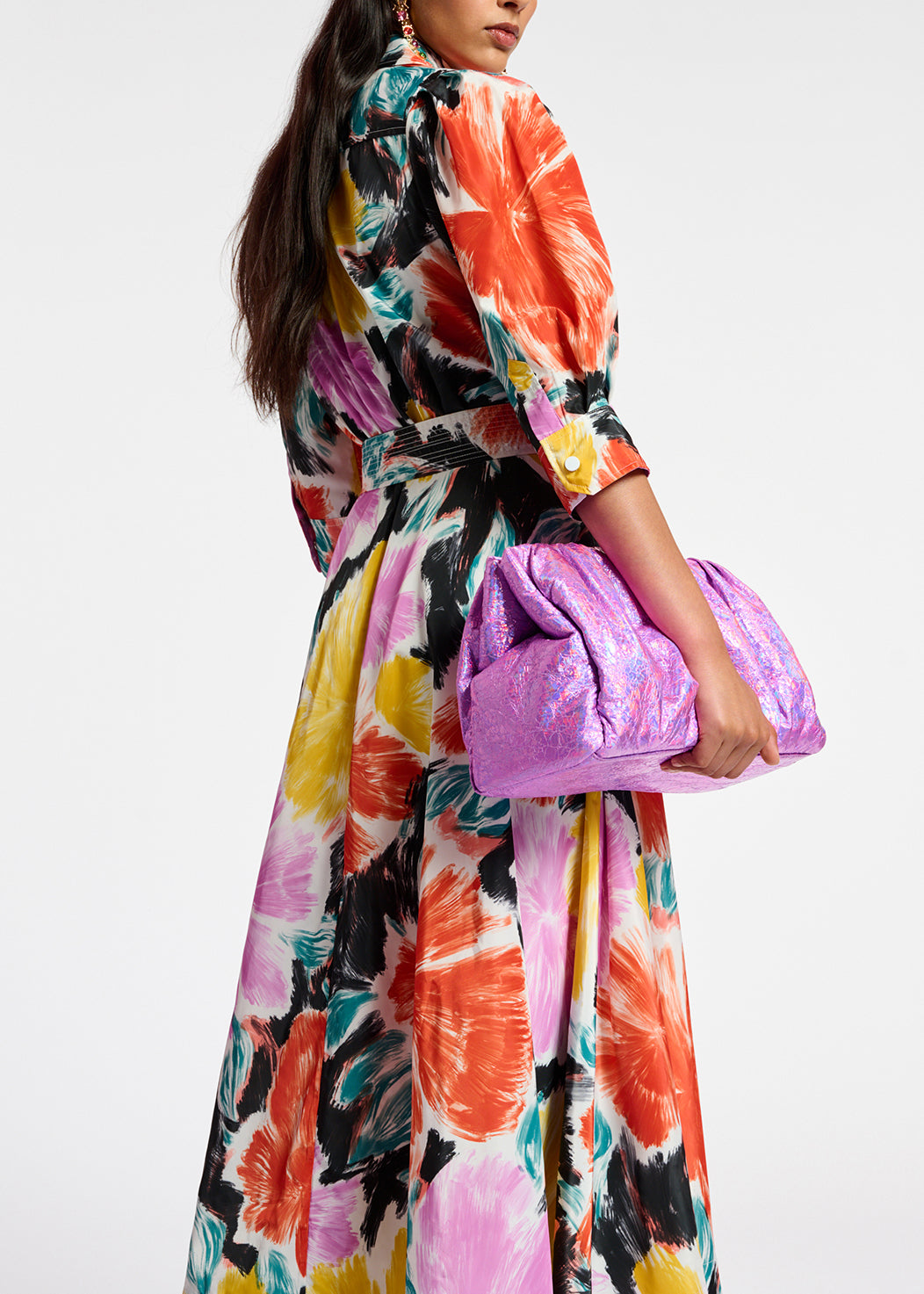 Robe chemise midi à  imprimé fleuri noir, orange et jaune RE—SSENTIEL | Essentiel second hand