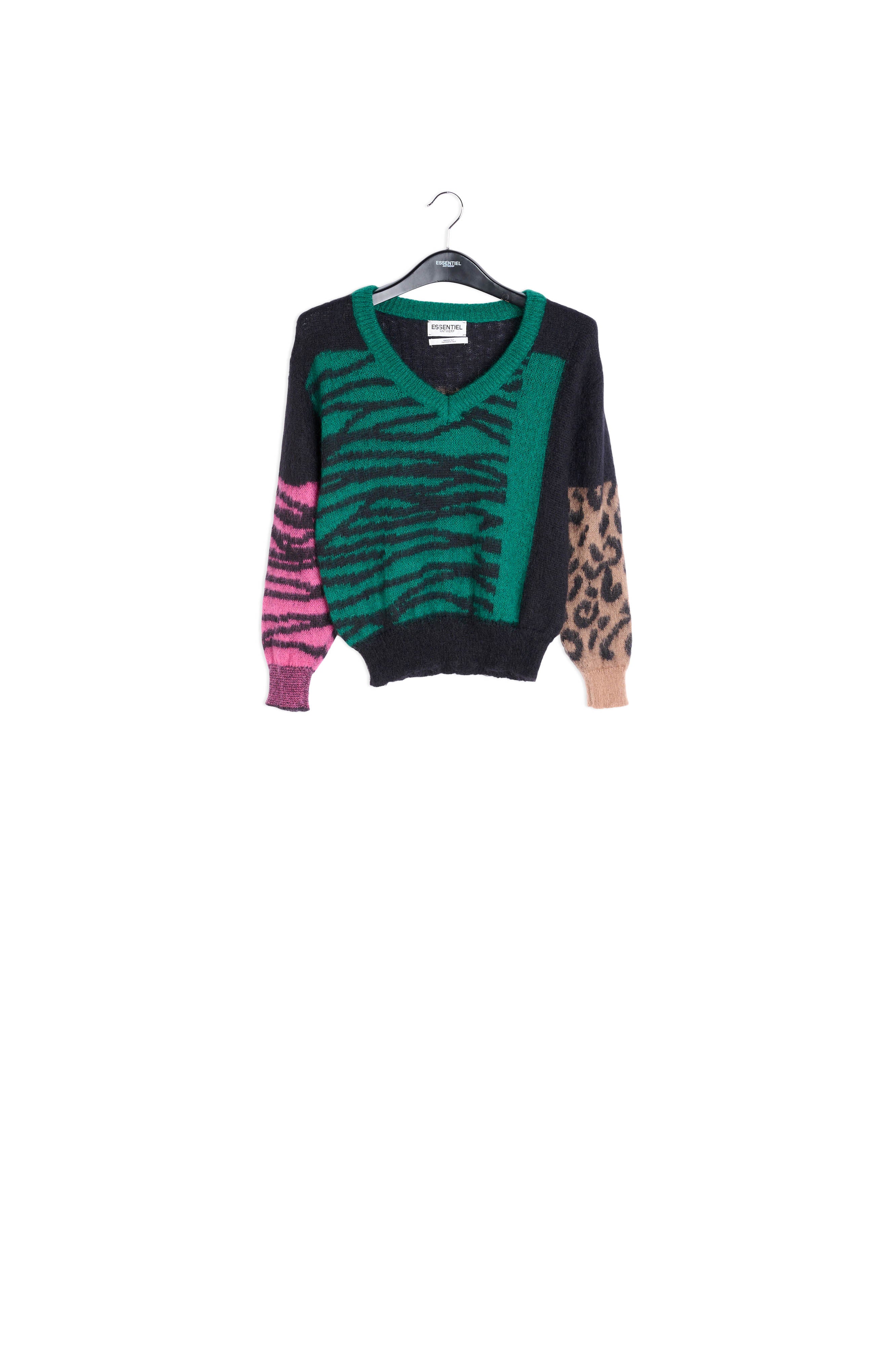 Pull en maille multicolore à col en v à imprimés léopard et zèbre RE—SSENTIEL | Essentiel second hand