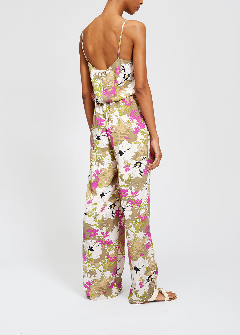White, pink and khaki green floral jumpsuit RE—SSENTIEL | Essentiel second hand