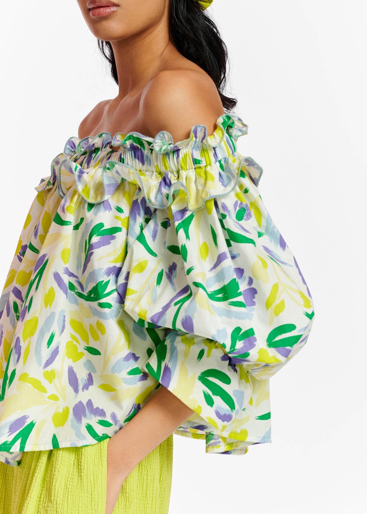 Top à épaules dénudées imprimé fleuri blanc, jaune et violet RE—SSENTIEL | Essentiel second hand