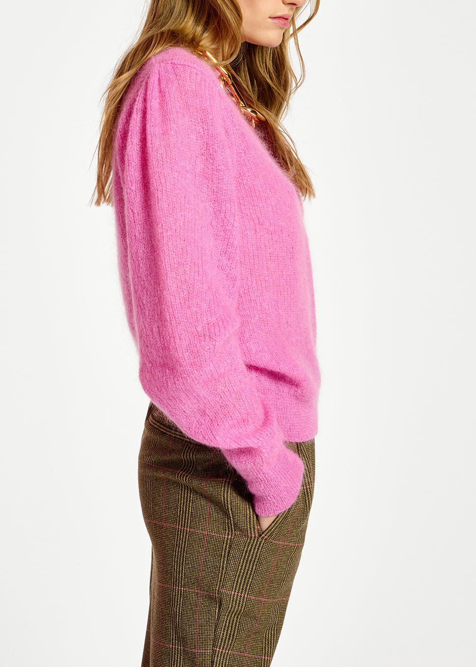 Neon pink mohair-blend knit sweater with puffed shoulders RE—SSENTIEL | Essentiel second hand