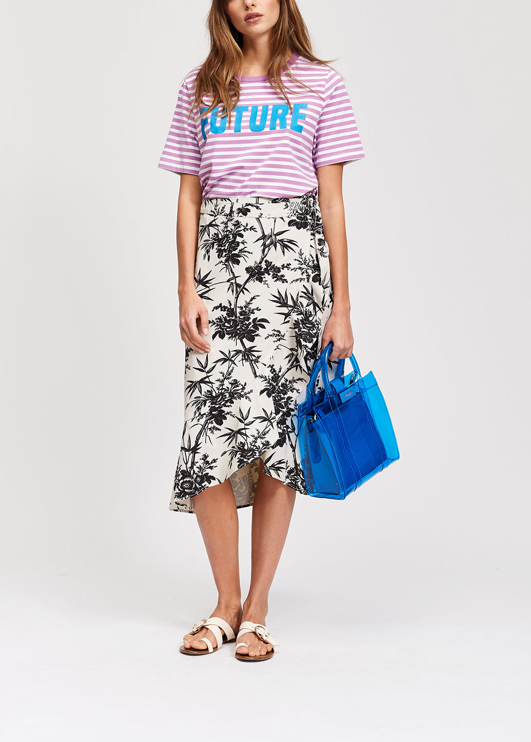 Purple and white striped t-shirt with future print RE—SSENTIEL | Essentiel second hand