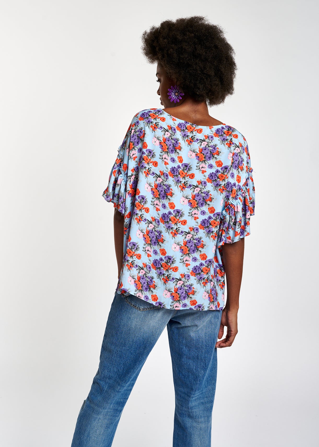 Light blue floral ruffle-sleeved top RE—SSENTIEL | Essentiel second hand