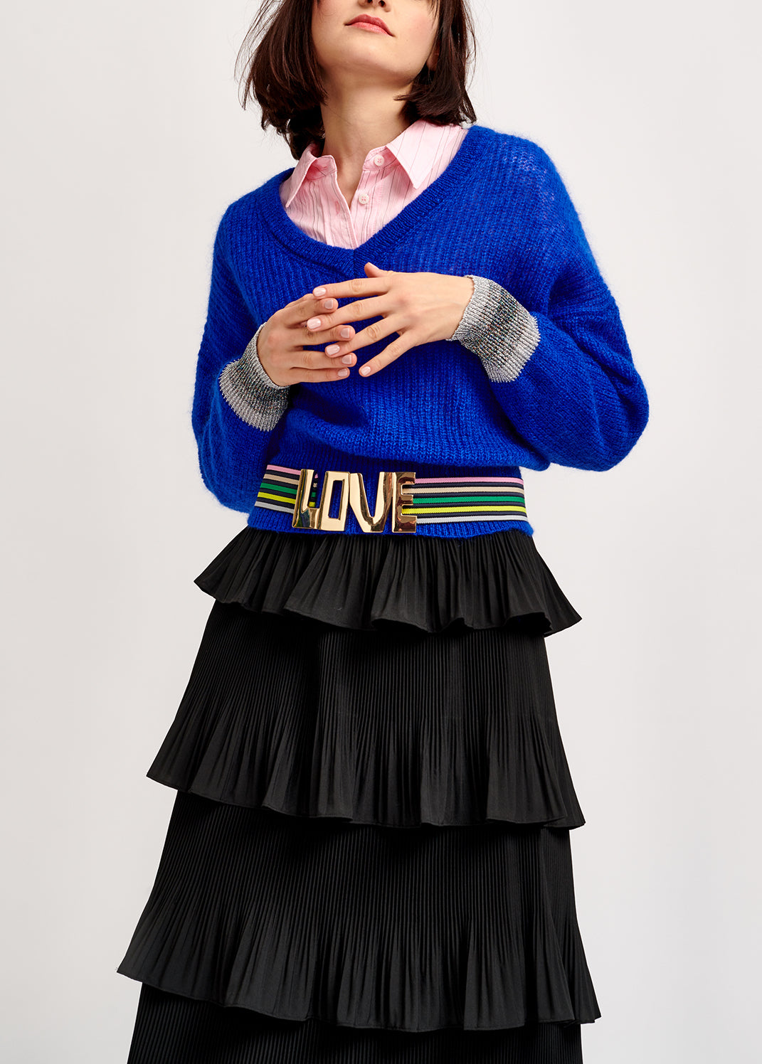 Cobalt blue mohair-blend v-neck sweater with metallic cuffs RE—SSENTIEL | Essentiel second hand