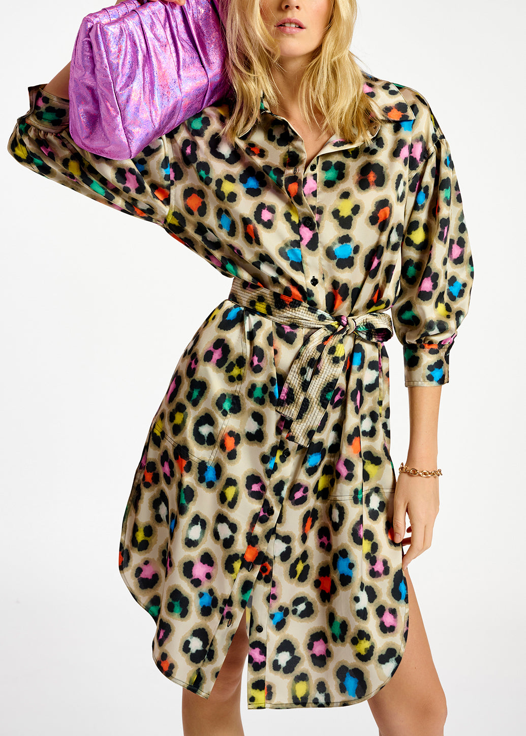 Beige knee-length shirt dress with multicolor leopard print RE—SSENTIEL | Essentiel second hand