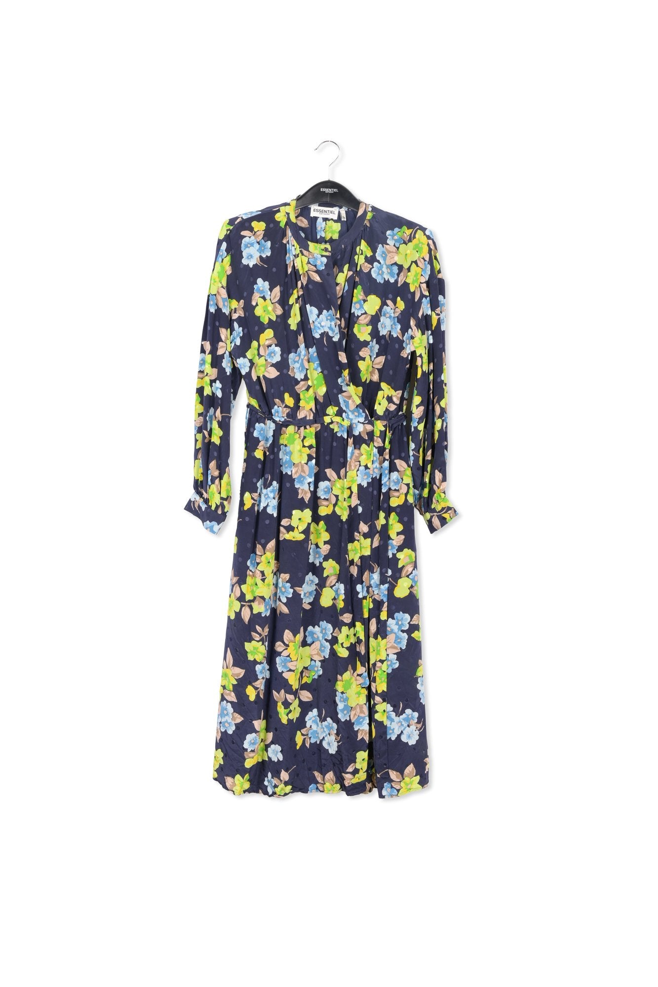 Robe chemise bleu foncé en soie à fleurs et à pois RE—SSENTIEL | Essentiel second hand