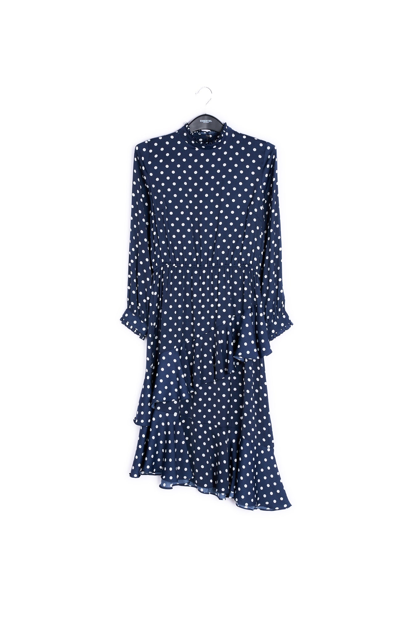 Dark blue polka dot ruffled midi dress RE—SSENTIEL | Essentiel second hand