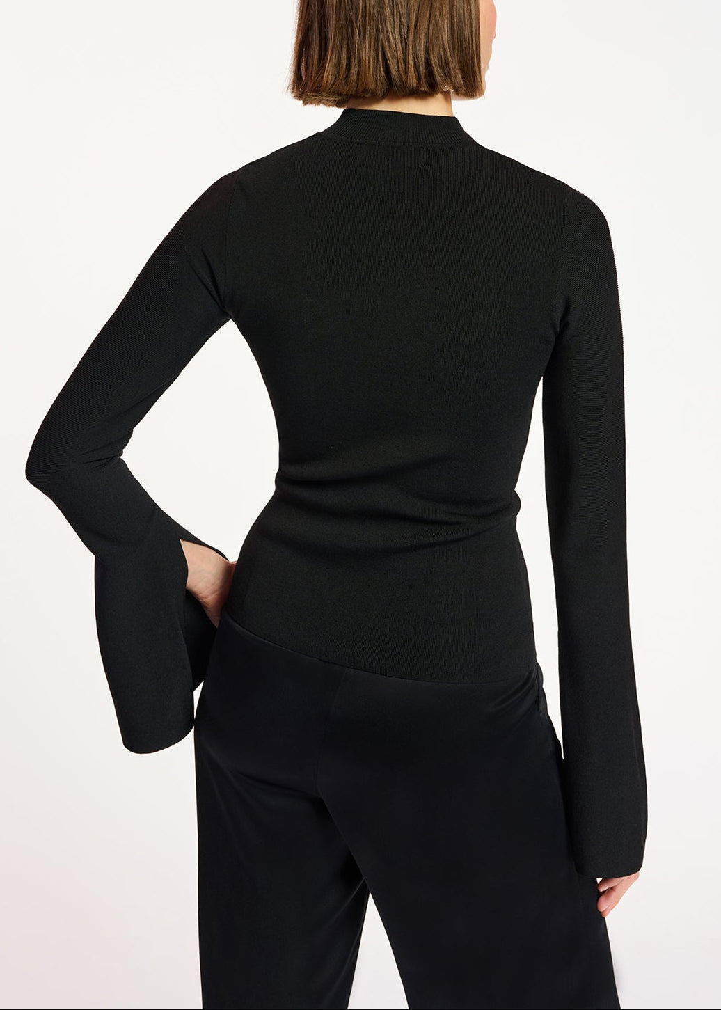 Black slim-fit knit sweater with trumpet sleeves RE—SSENTIEL | Essentiel second hand