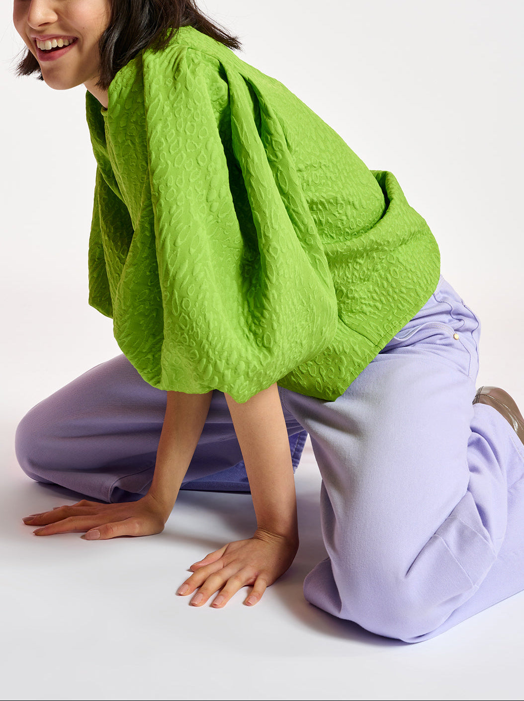 Groene jacquard top met pofmouwen RE—SSENTIEL | Essentiel second hand