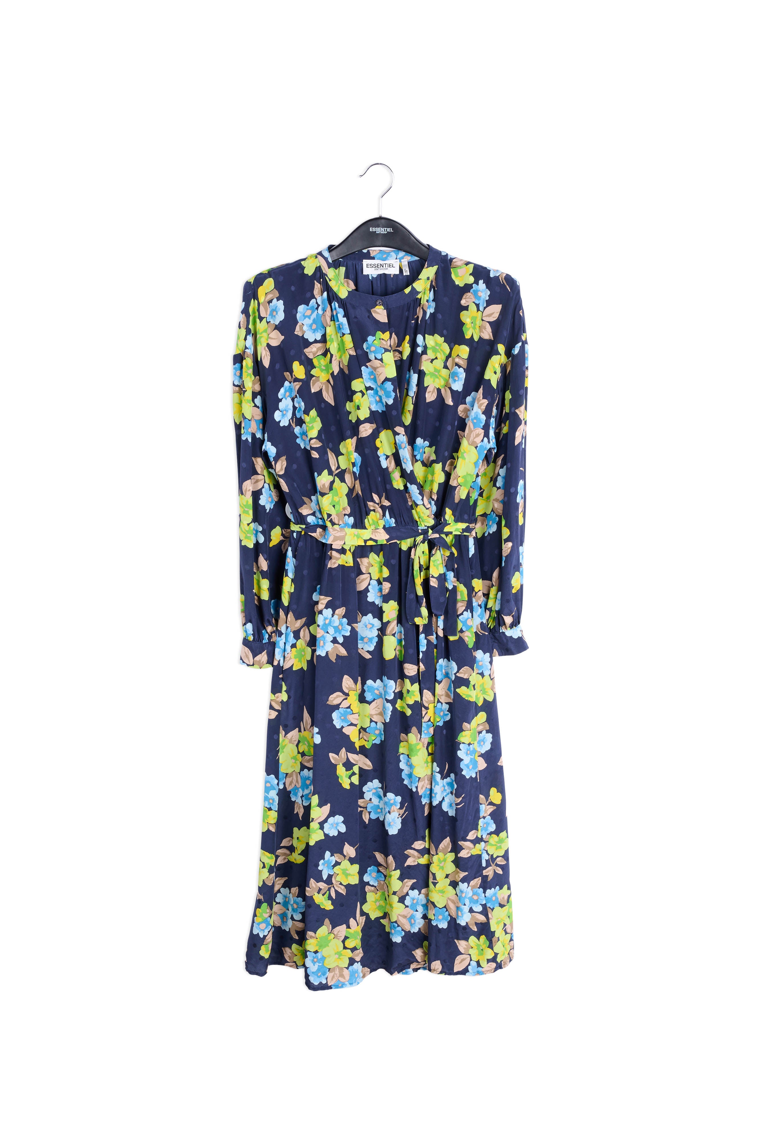 Robe chemise bleu foncé en soie à fleurs et à pois RE—SSENTIEL | Essentiel second hand