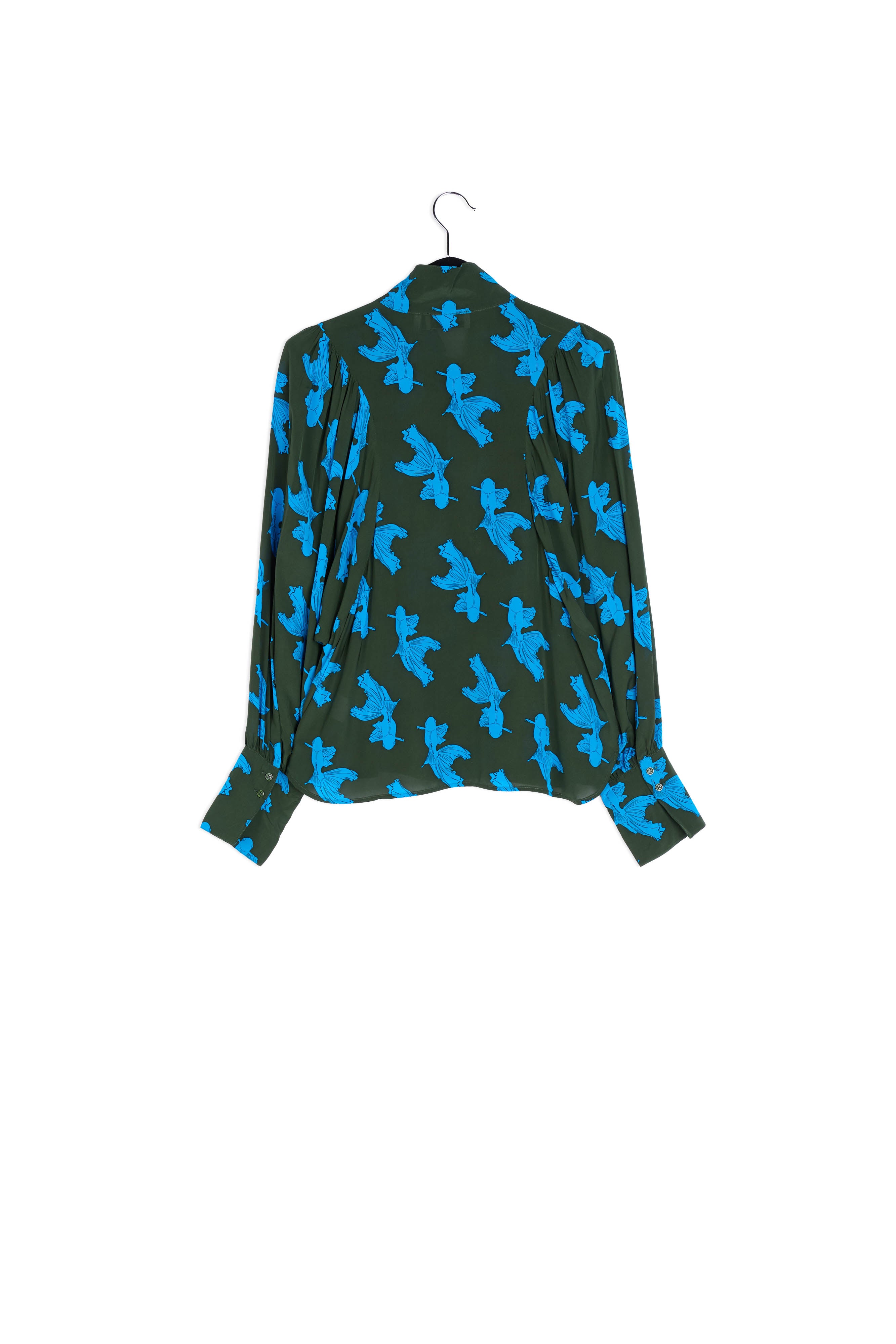 Khaki and turquoise baloon sleeves print shirt RE—SSENTIEL | Essentiel second hand